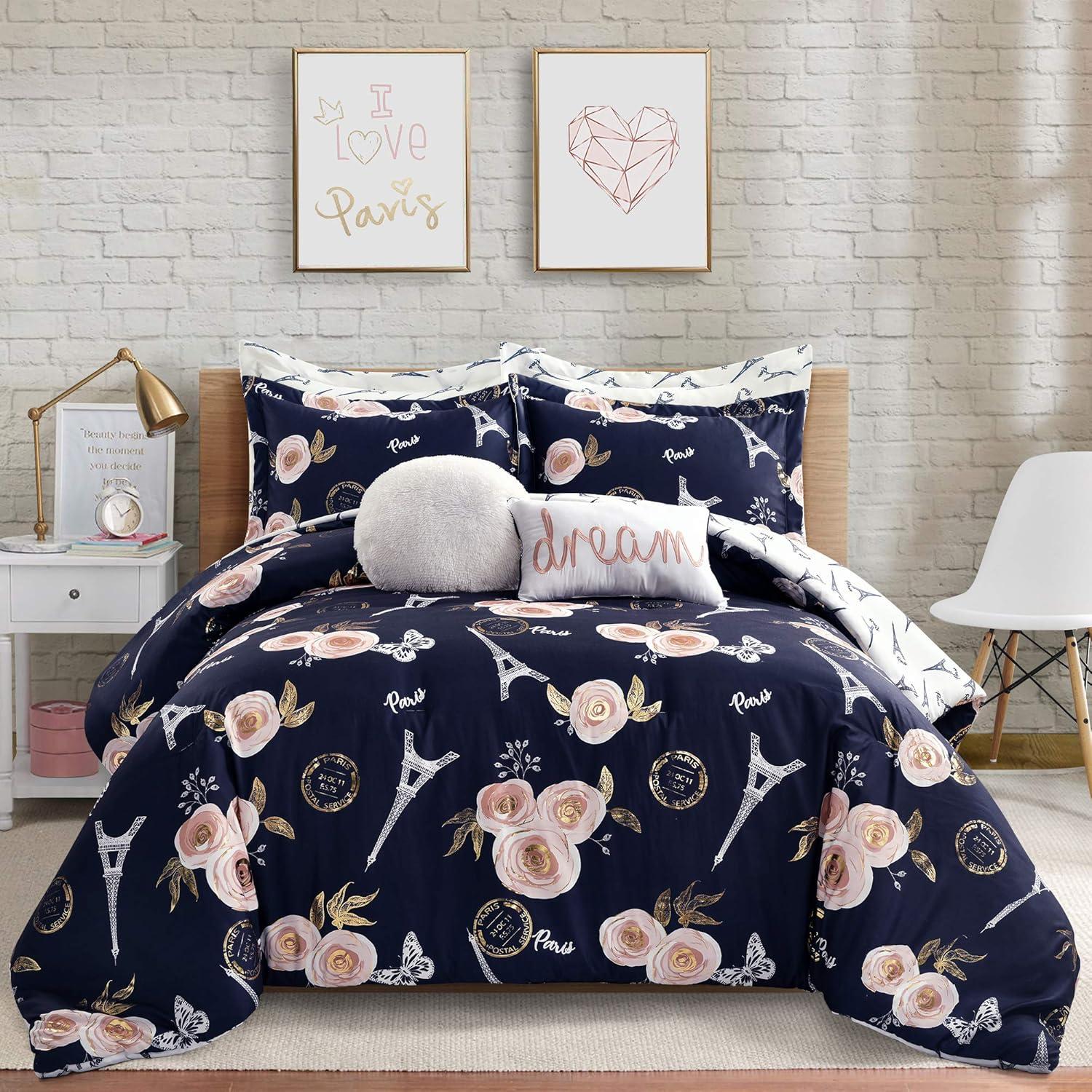 Lush Decor Vintage Paris Rose Butterfly Script Microfiber Reversible 7 Piece Comforter Set
