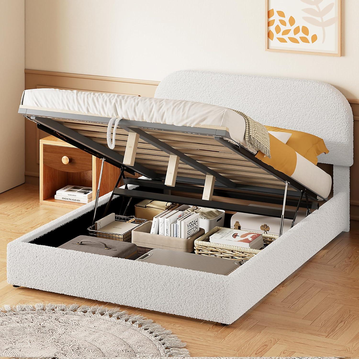 17 Stories Teddy Fleece Full  Size Upholstered Platform Bed with Hydraulic Storage System, White