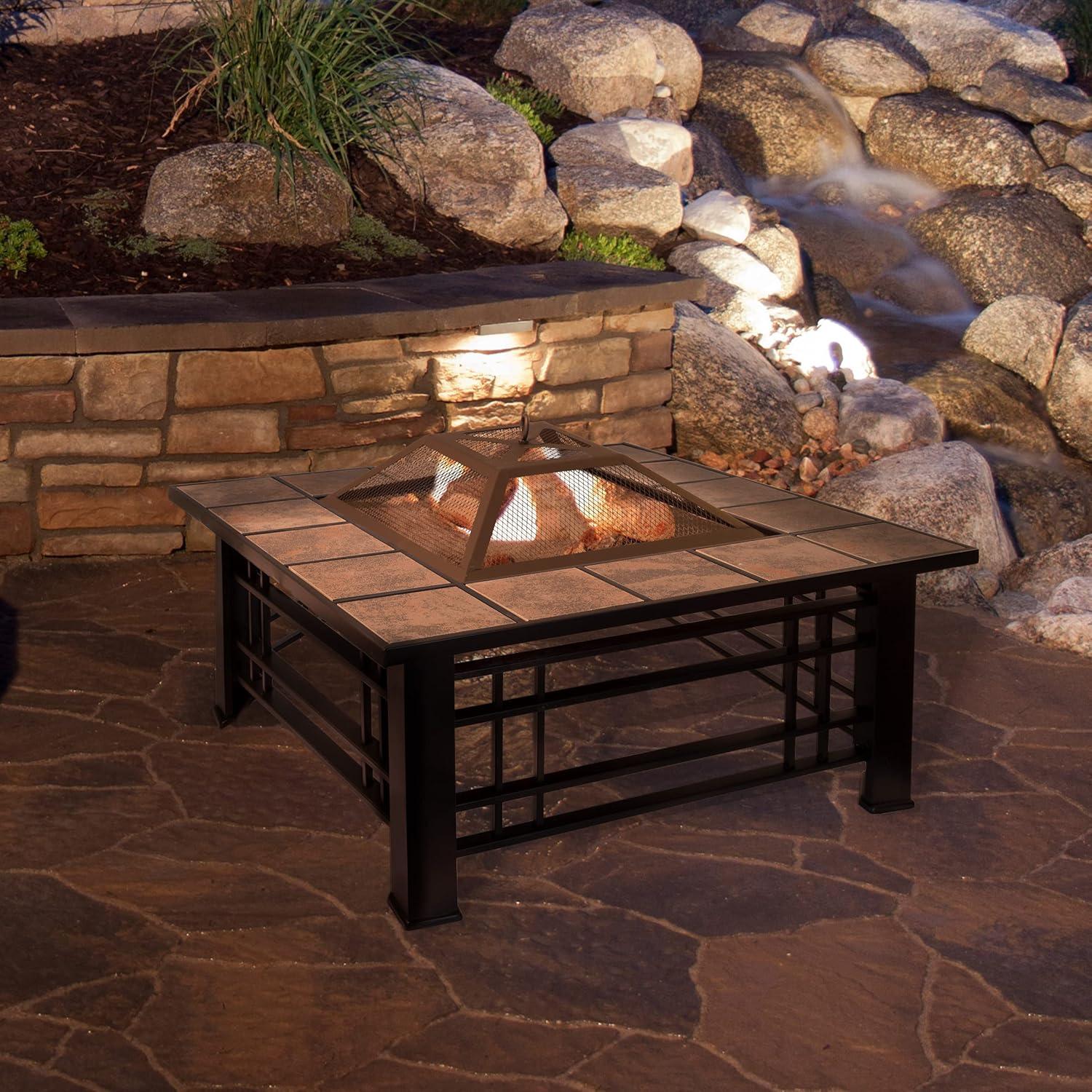 Pure Garden 32-Inch Outdoor Fire Pit with Screen, Cover, and Poker (Black)