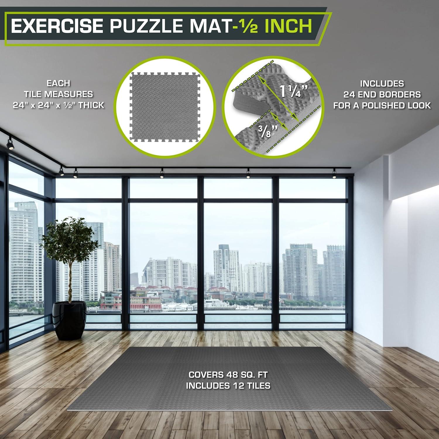 ProsourceFit Exercise Puzzle Mat 1/2-in, Grey, 48 Sq Ft - 12 Tiles