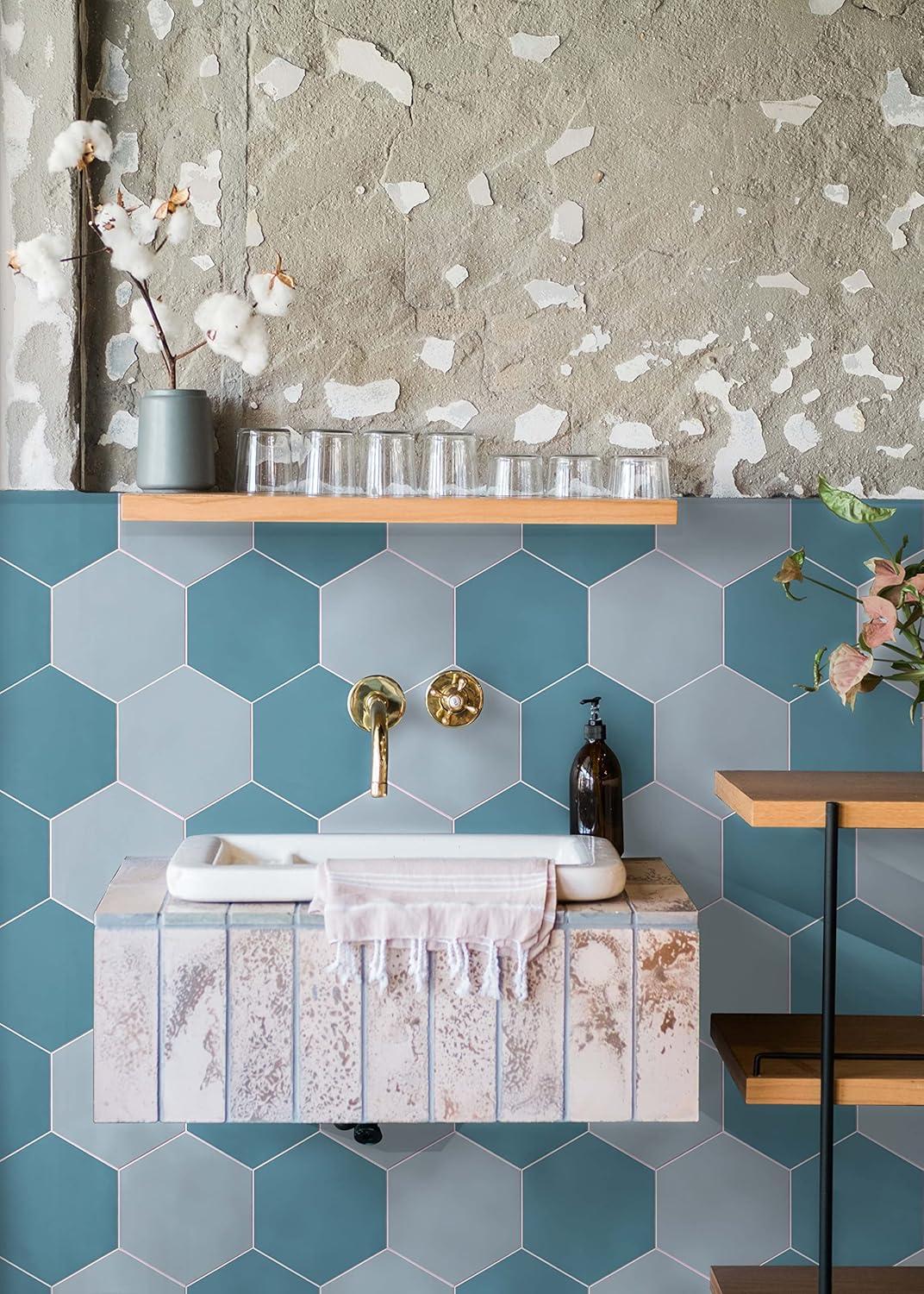 Rain Blue Hexagon Peel and Stick Resin Wall Tiles