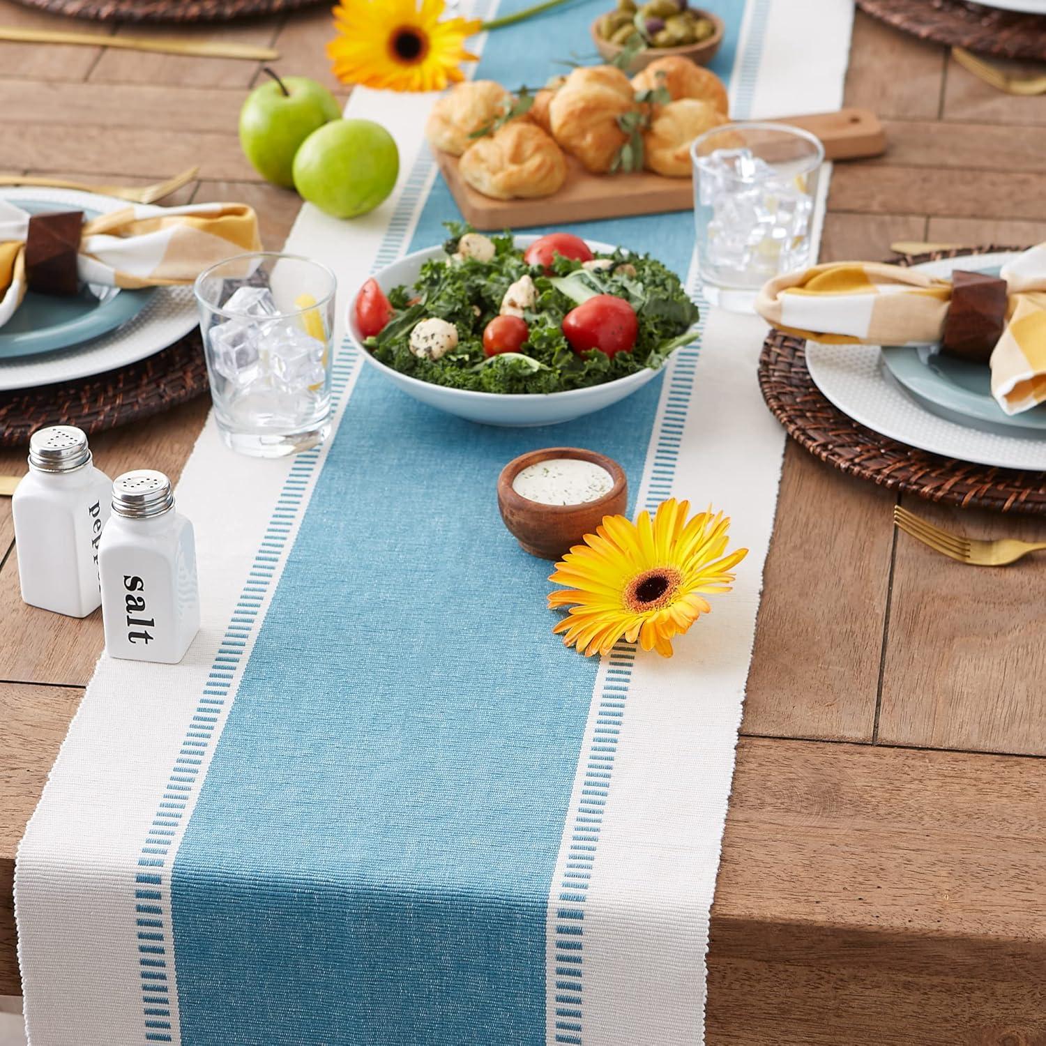 Storm Blue and White Cotton Table Runner with Fringe, 13x108