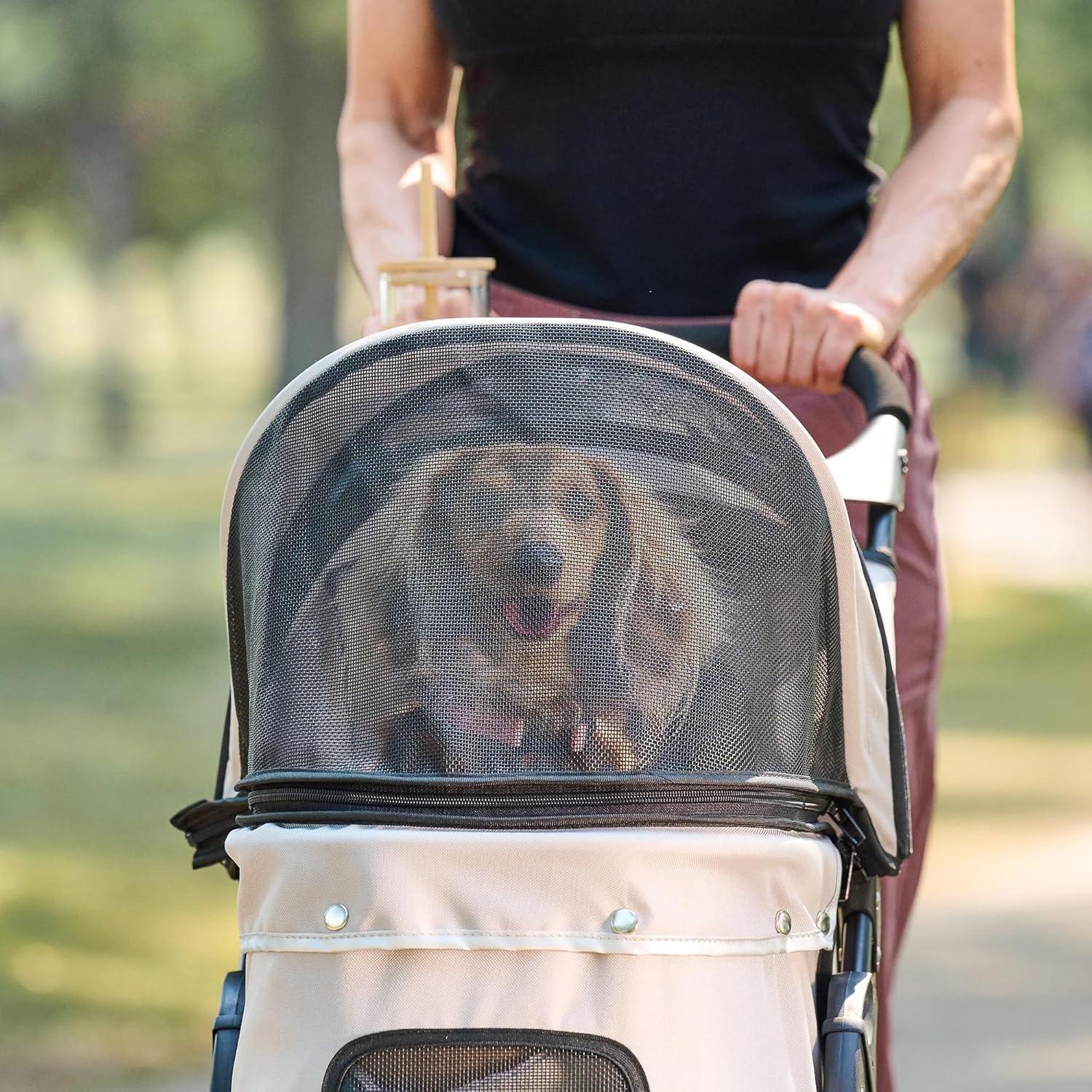 Khaki Mesh and Stainless Steel Pet Stroller with Canopy