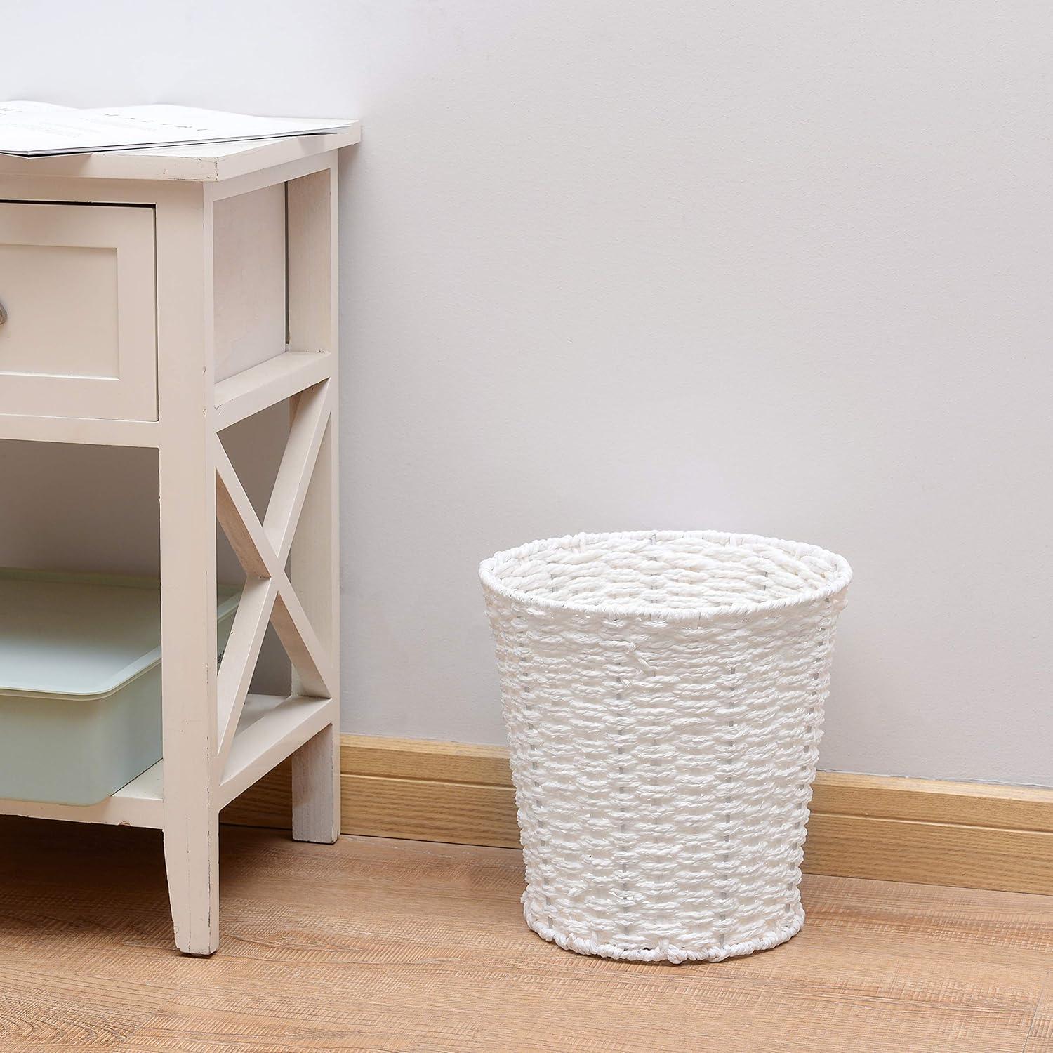 Round Wicker Waste Basket Paper Bin - Wicker Trash Basket - Woven Trash Can Rubbish Basket for Bedroom, Bathroom, Offices or Home (White)