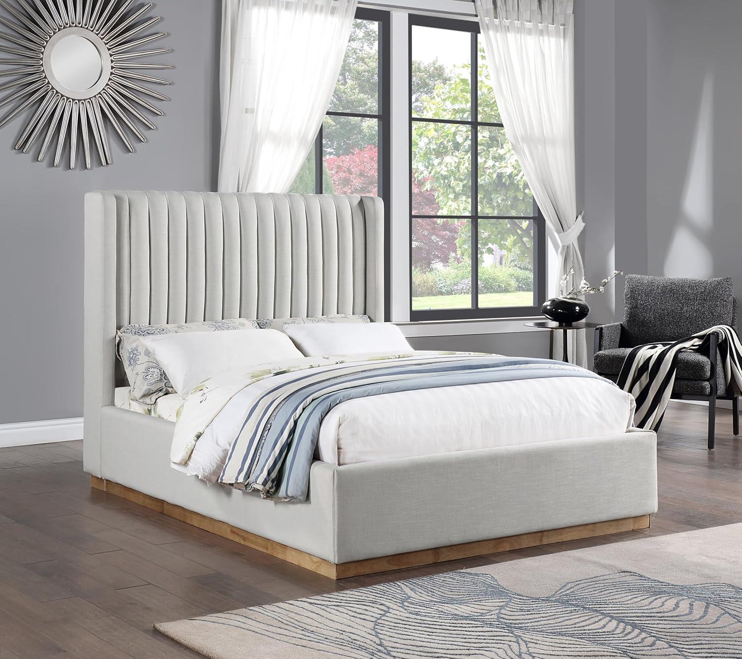 Meridian Furniture Queen Contemporary Linen Fabric Wingback Bed, Cream