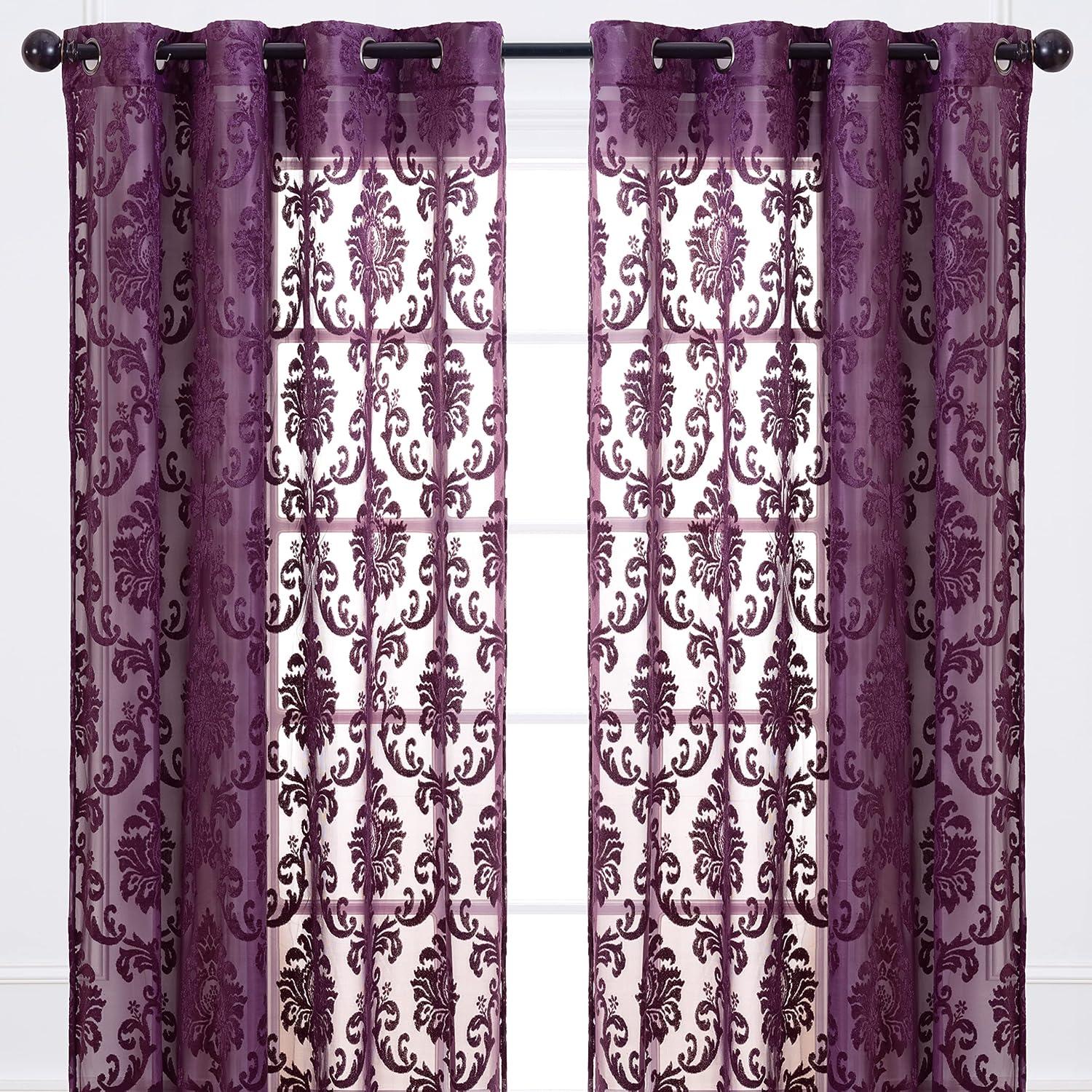 Chanasya 2pk Devore Damask Sheer Grommet Window Curtain Panels - Set of 2 - 52 x 108 Inches Long - Aubergine
