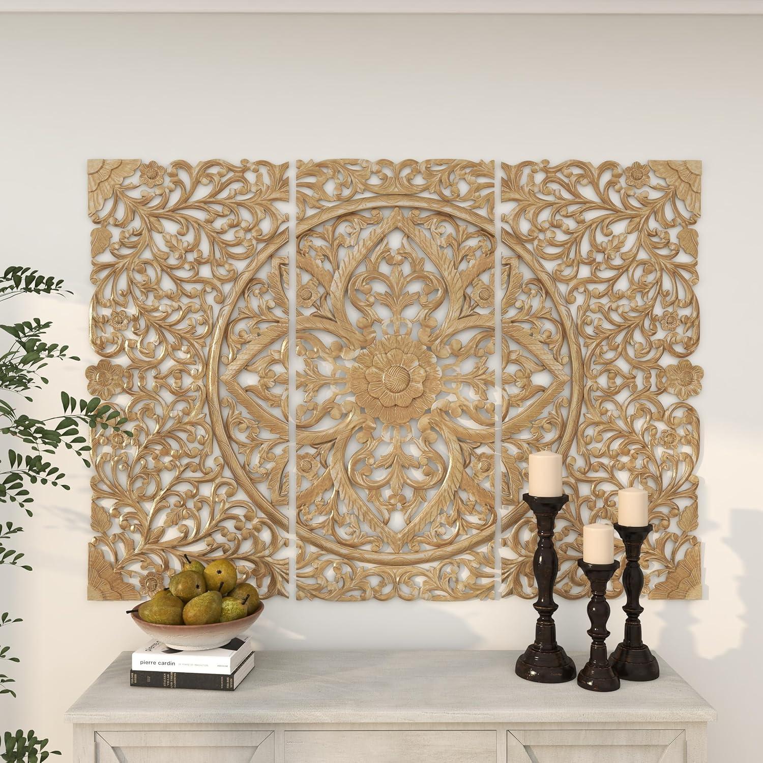 Gold Pinewood Hand-Carved Floral Wall Panels, Set of 3