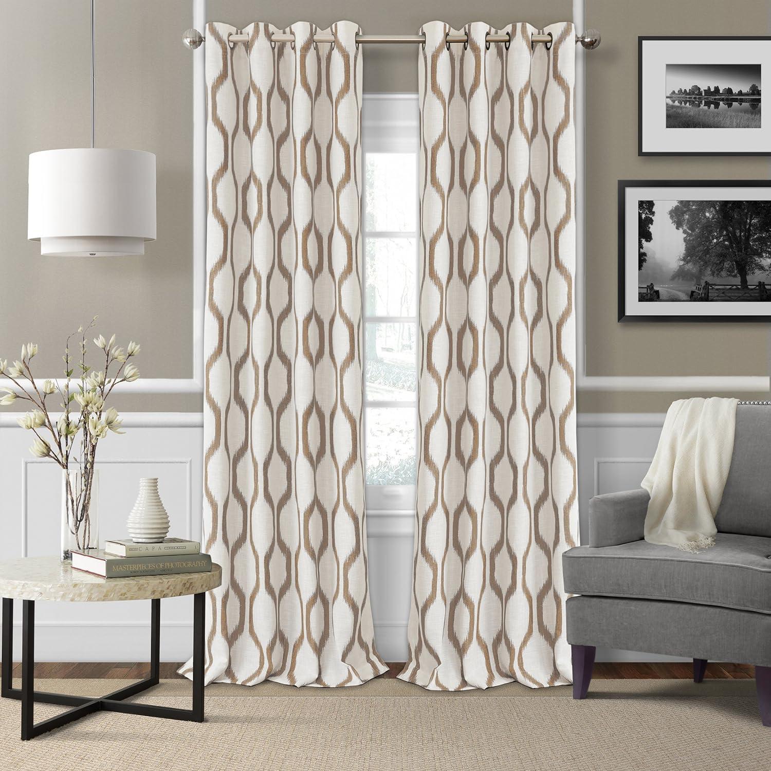 Renzo Ikat Geometric Linen Room Darkening Single Window Curtain Panel - 52" x 95" - Natural - Elrene Home Fashions