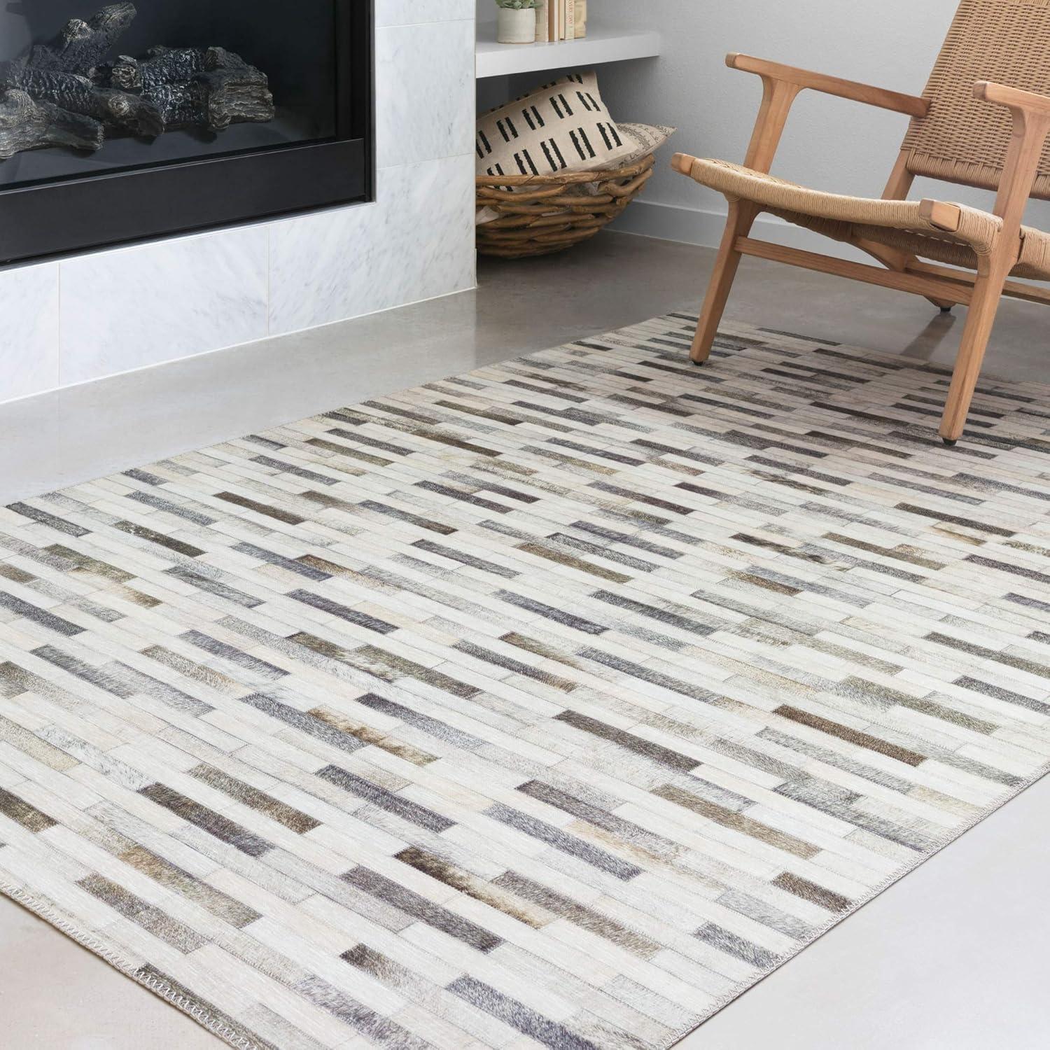 Loloi II Maddox Printed Cowhide Patchwork Ivory / Grey Area Rug