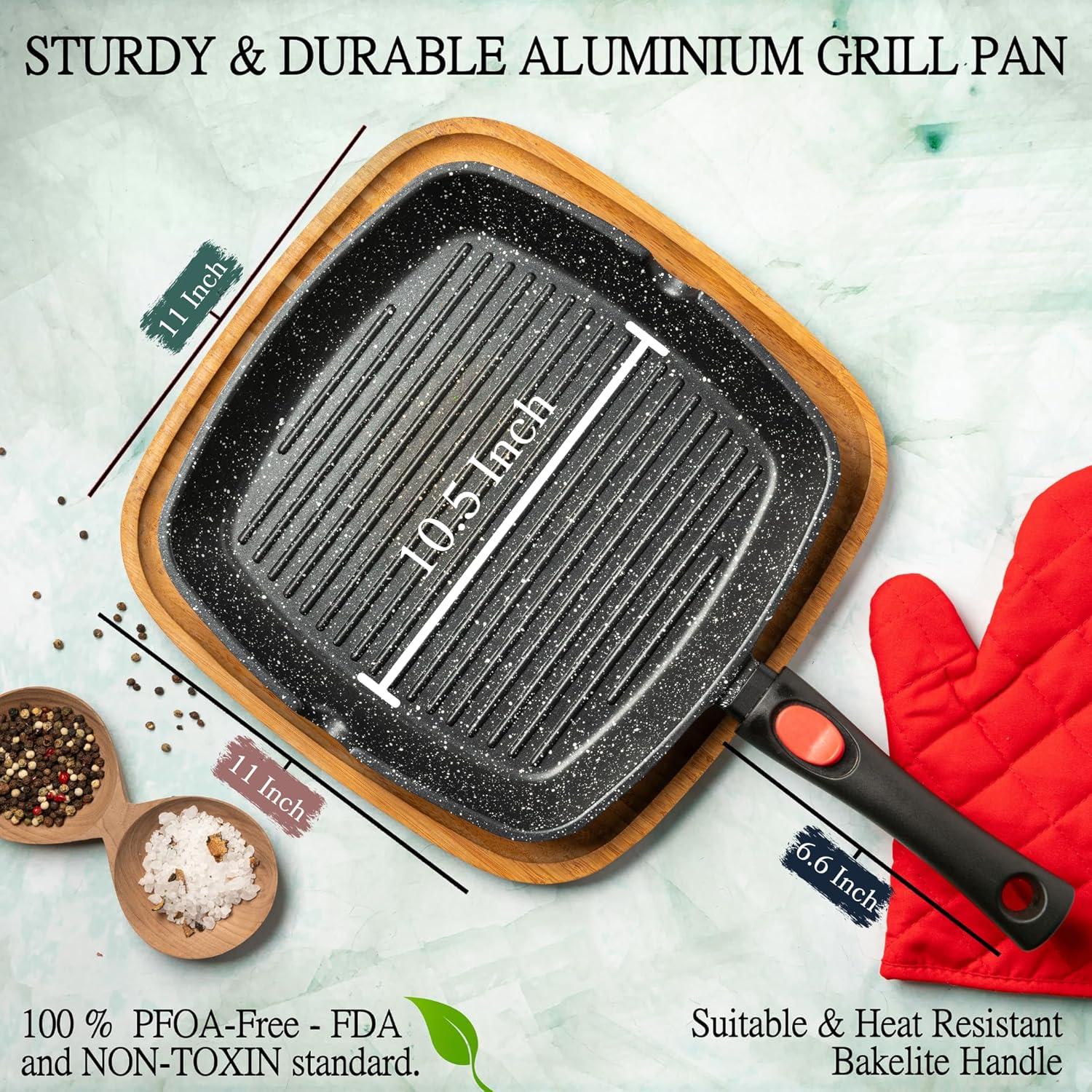 Moss & Stone Square Grill Pan For Indoor Cooking, Rv Die Casting Aluminum Grill Pan, Removable Handle Nonstick Stove Top Grill Pan for Meats & Vegetables, 11In Square Pan with Detachable Handle