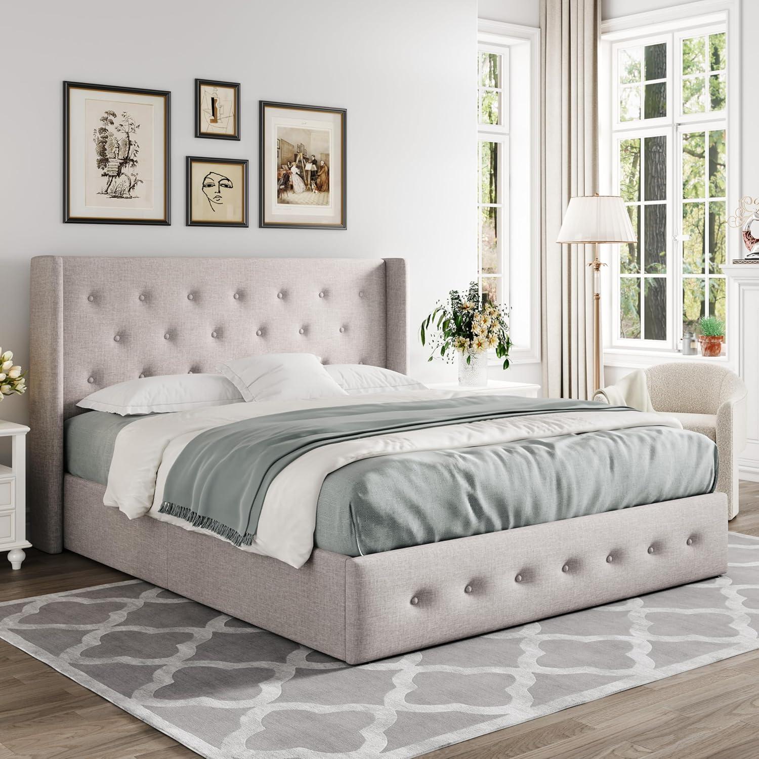 Allewie Full Size Lift Up Platform Storage Bed Frame with Button Tufted Wingback Headboard, Light Beige