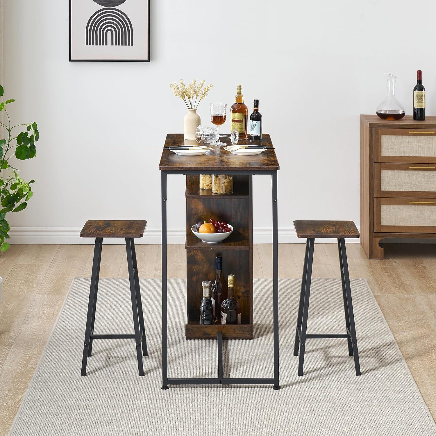 Garvee Small Bar Table and Chairs Set for 2, 3-Piece Bar Table Set with 3 Tier Storage Shelves, Space Saving Table for Small Apartment, Living Room