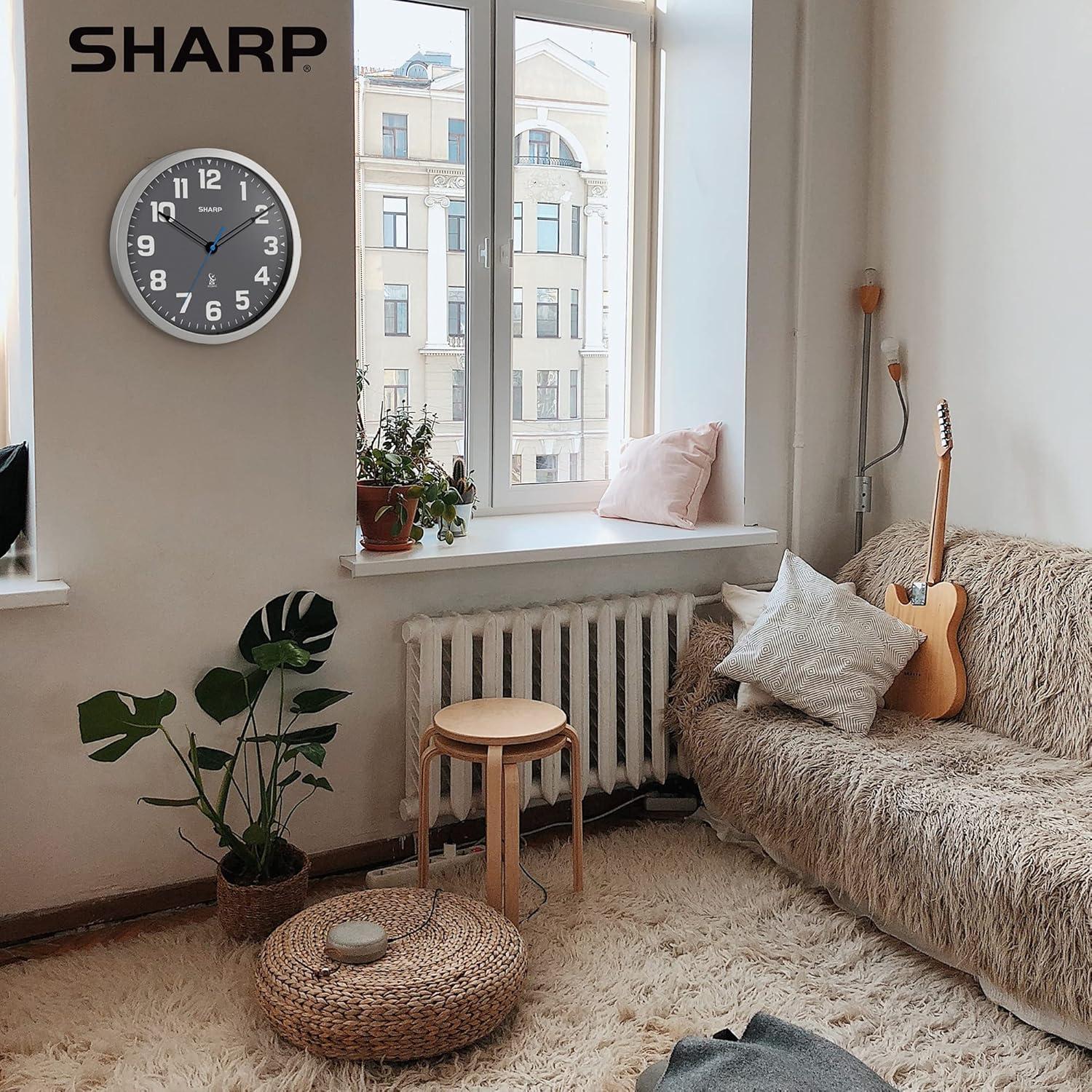 Sharp Atomic Analog Wall Clock - 12" Grey Face Silver Finish Auto Set Battery Opp Modern Design