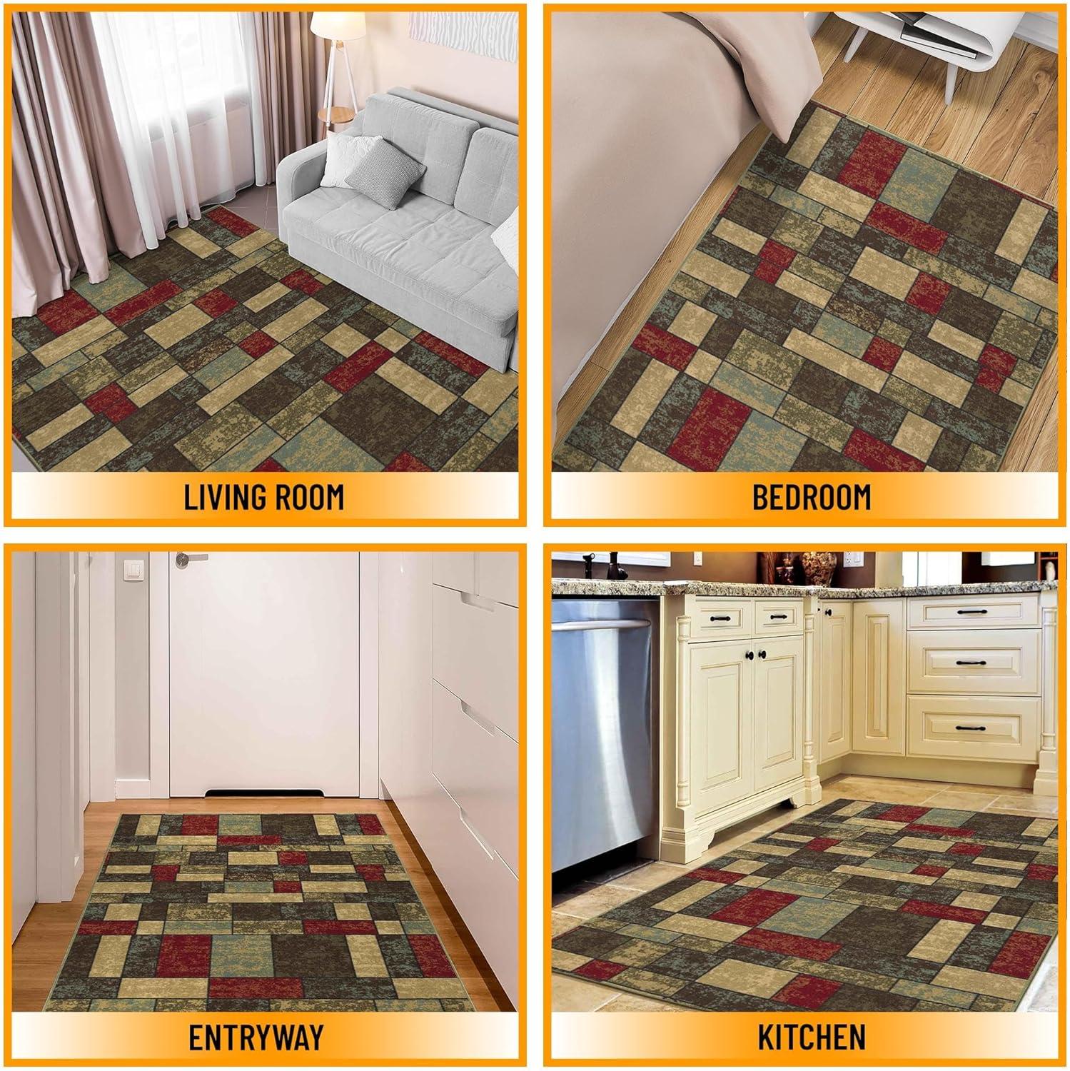 Ottohome  Machine Washable Non-Slip Boxes Area Rug For Living Room, Hallway Runner, Entryway Rug