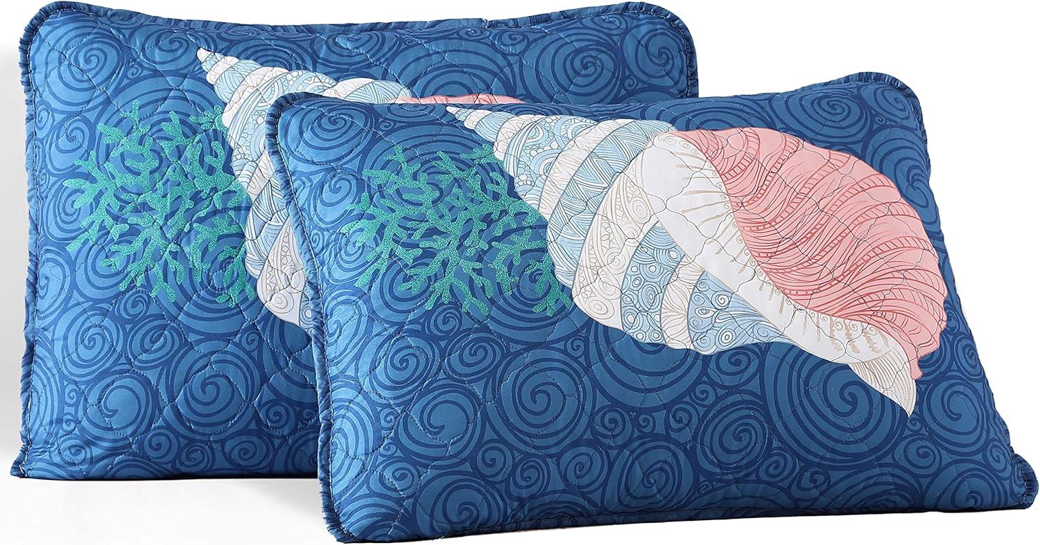 Caribbean Joe  Coastal 3PC Quilt Set Patterned Shell Navy - Full - Queen