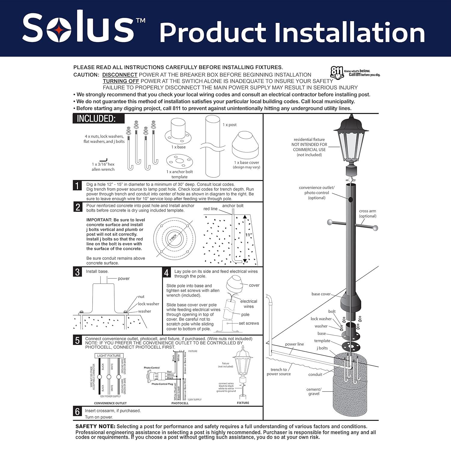 Solus 6-Foot Surface Mount Outdoor Lamp Post – Aluminum Light Pole with Standard Base Cover & Decorative Cross Arm – Black, Bronze, or White – Fits 3" Fixtures – Made in USA (Black)