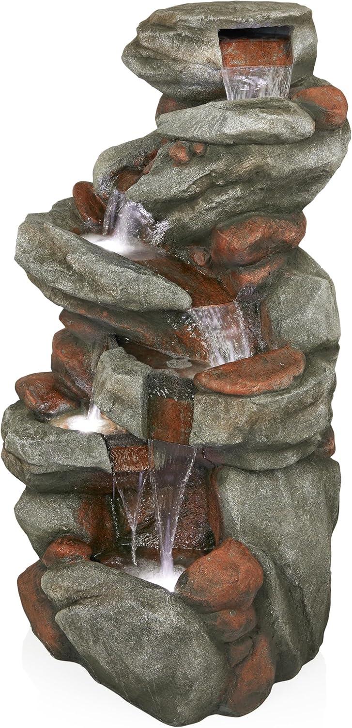 Gray Cascading Stone Outdoor Fountain with LED Lights, 53"