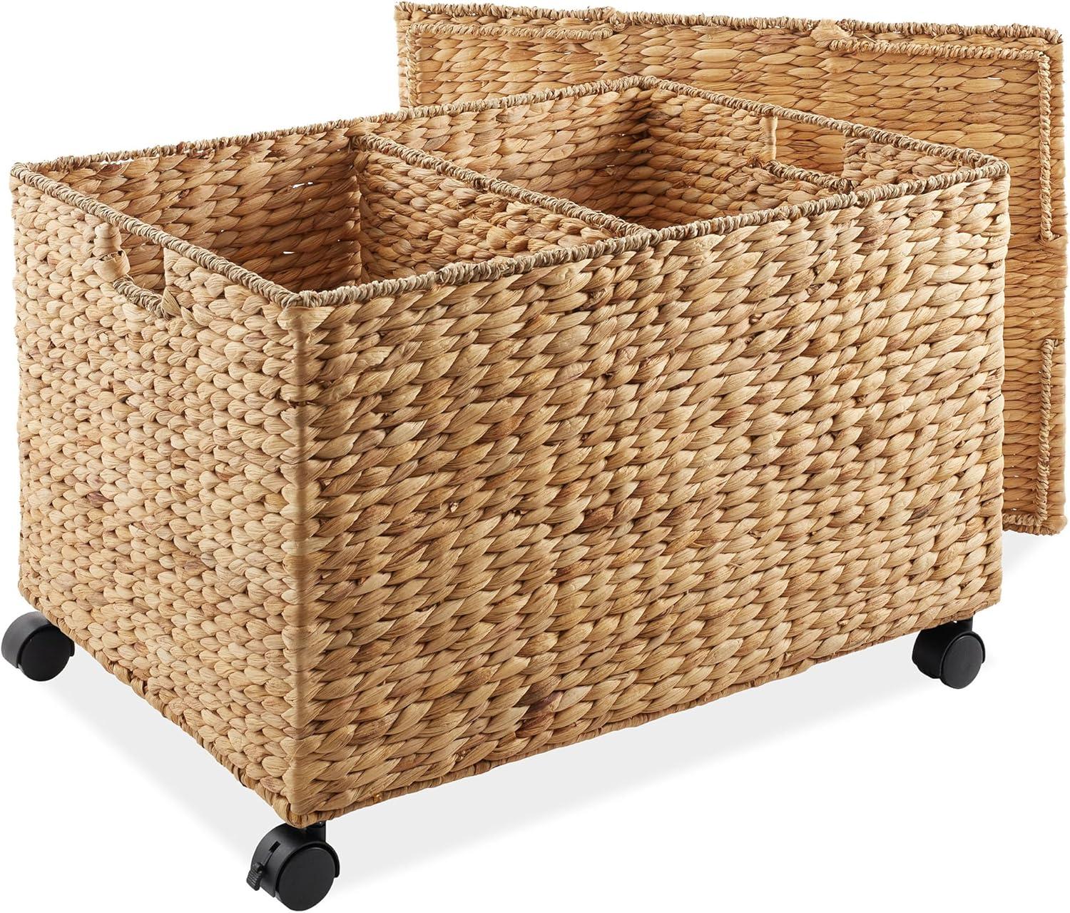 Casafield Rolling Storage Basket Cart with Lid and Wheels - Woven Water Hyacinth Divided Sorting Bin for Kitchen, Laundry, Pantry, Garage