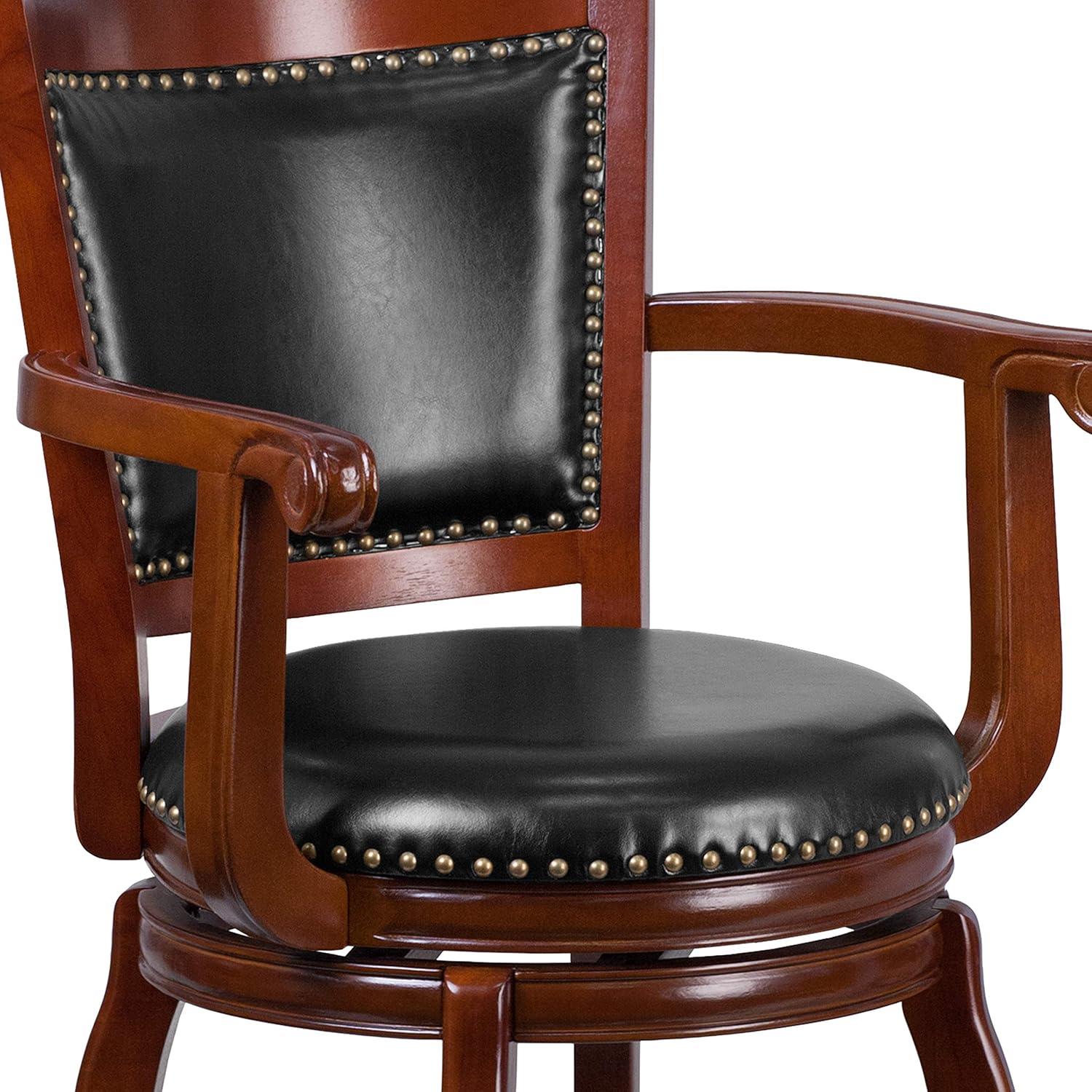 Emma and Oliver 30"H Cherry Wood Panel Back Swivel Barstool with Arms