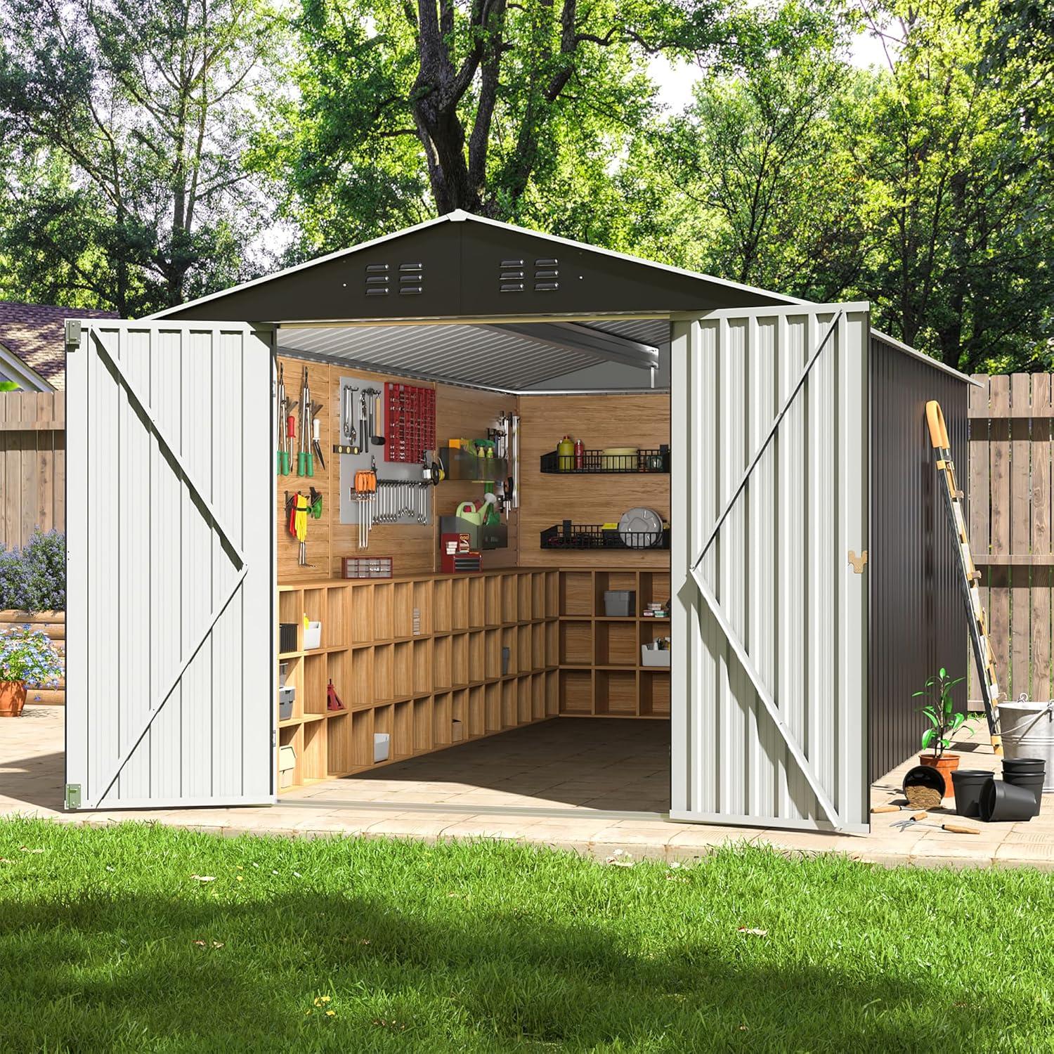 NETAJE 8'x12' Outdoor Metal Storage Shed with Upgraded Frame and Lockable Doors for Backyard, Garden, Lawn, Brown