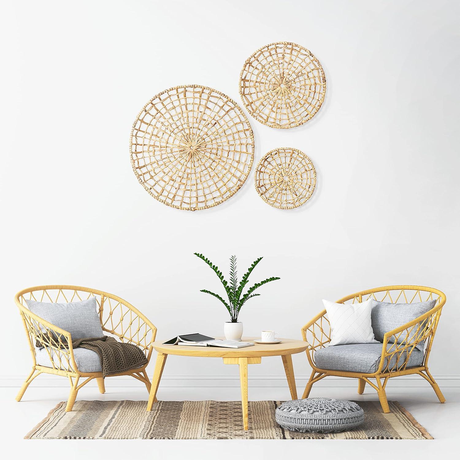 Artera Wicker Wall Basket Décor - Set of 3 Oversized D20" to D10", Natural Hanging Woven Baskets, Round Organic Wall Basket Decor Disks for Living Room or Bedroom, Unique Wall Plaque
