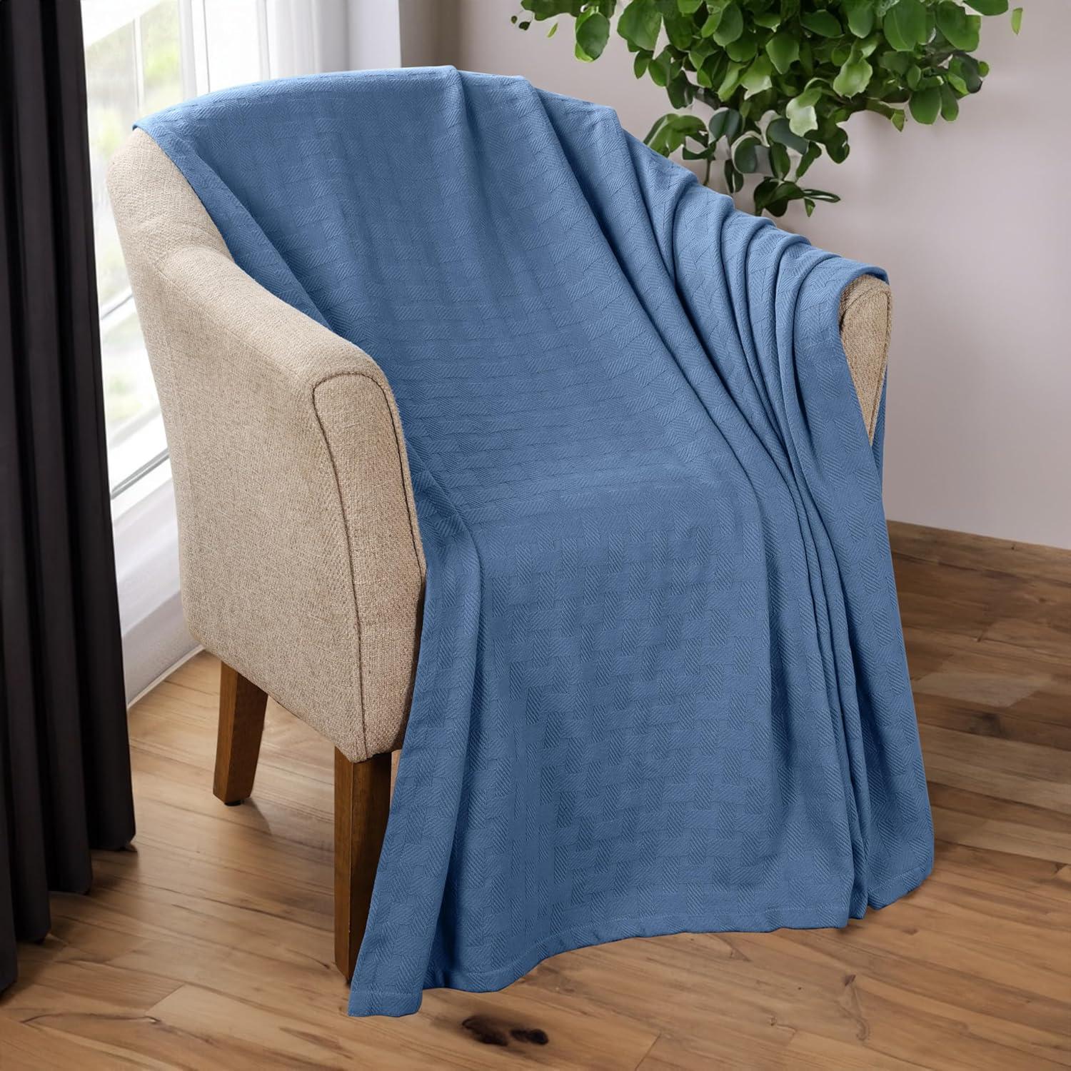 Superior Basketweave All-Season Cotton Blanket, Throw, Denim Blue