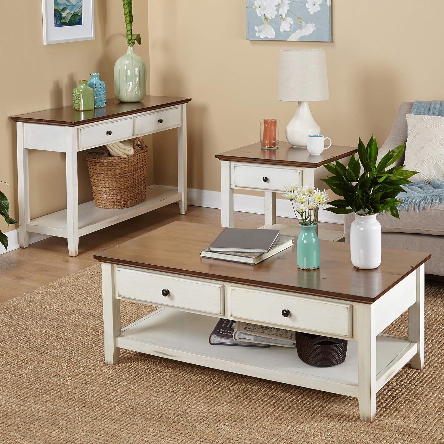 Charleston Sofa Table Off White/Chestnut - Buylateral: 2 Drawers, Lower Shelf, Mid-Century Modern