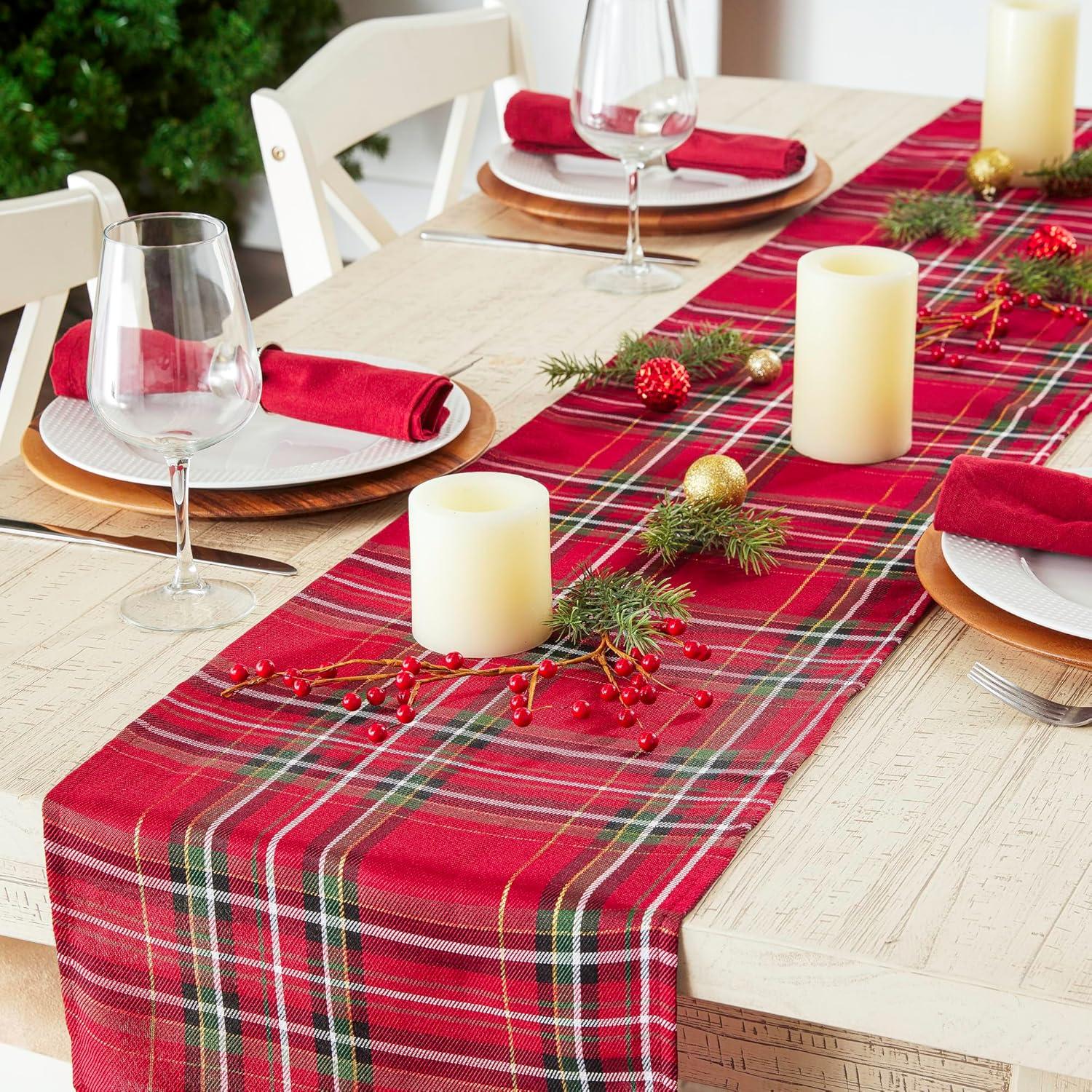 Red Tartan Plaid Holiday Table Runner, 14x72, Polyester