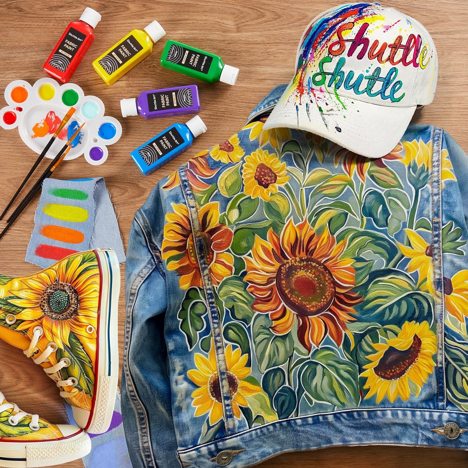 Metallic Fabric Paint, Shuttle Art 18 Metallic Colors Permanent Soft Fabric Paint in Bottles (60ml/2oz) with Brush and Stencils, Non-Toxic Textile Paint for T-shirts, Shoes, Jeans, Bags & DIY Projects