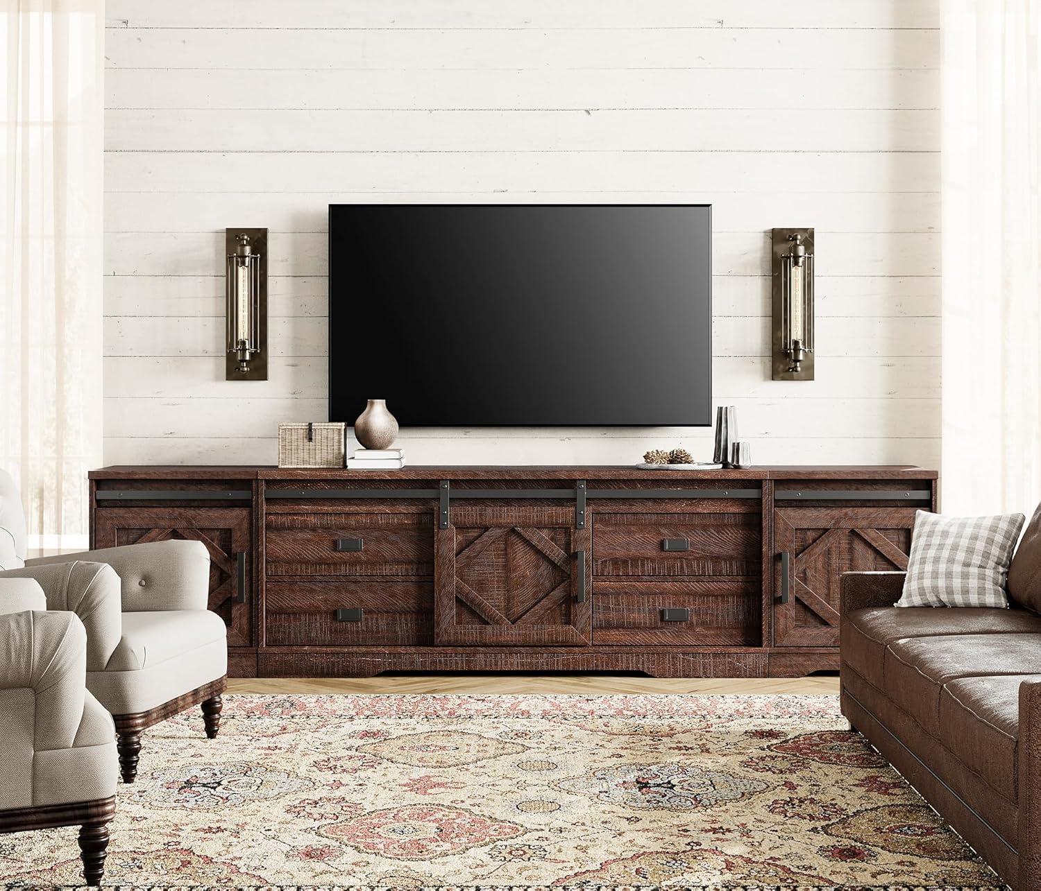 Farmhouse TV Stand for up to 110" TVs with Drawers and Adjustable Shelf for Living Room, Rustic Brown