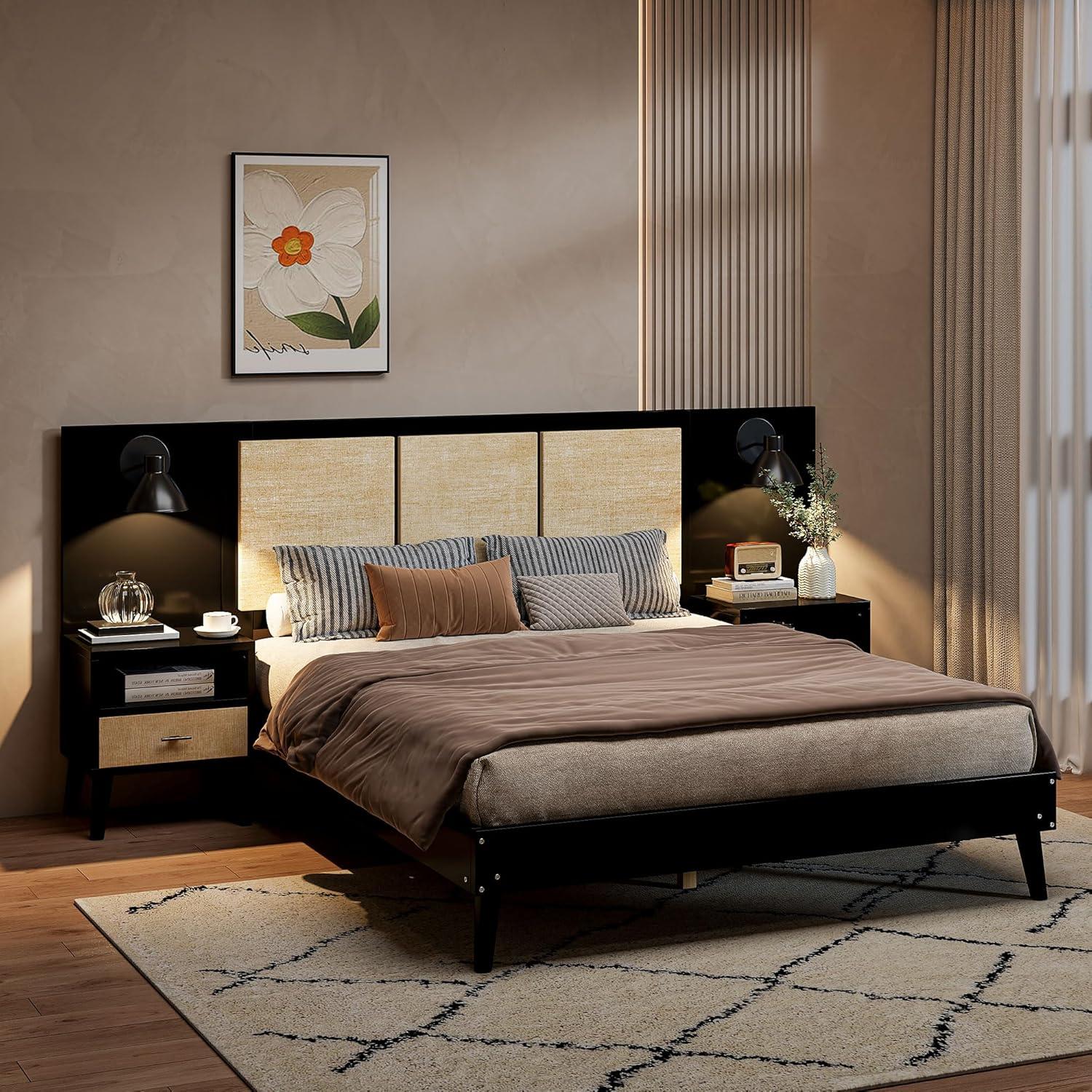 Queen Size Black and Rattan Solid Wood Bed Frame with Nightstands