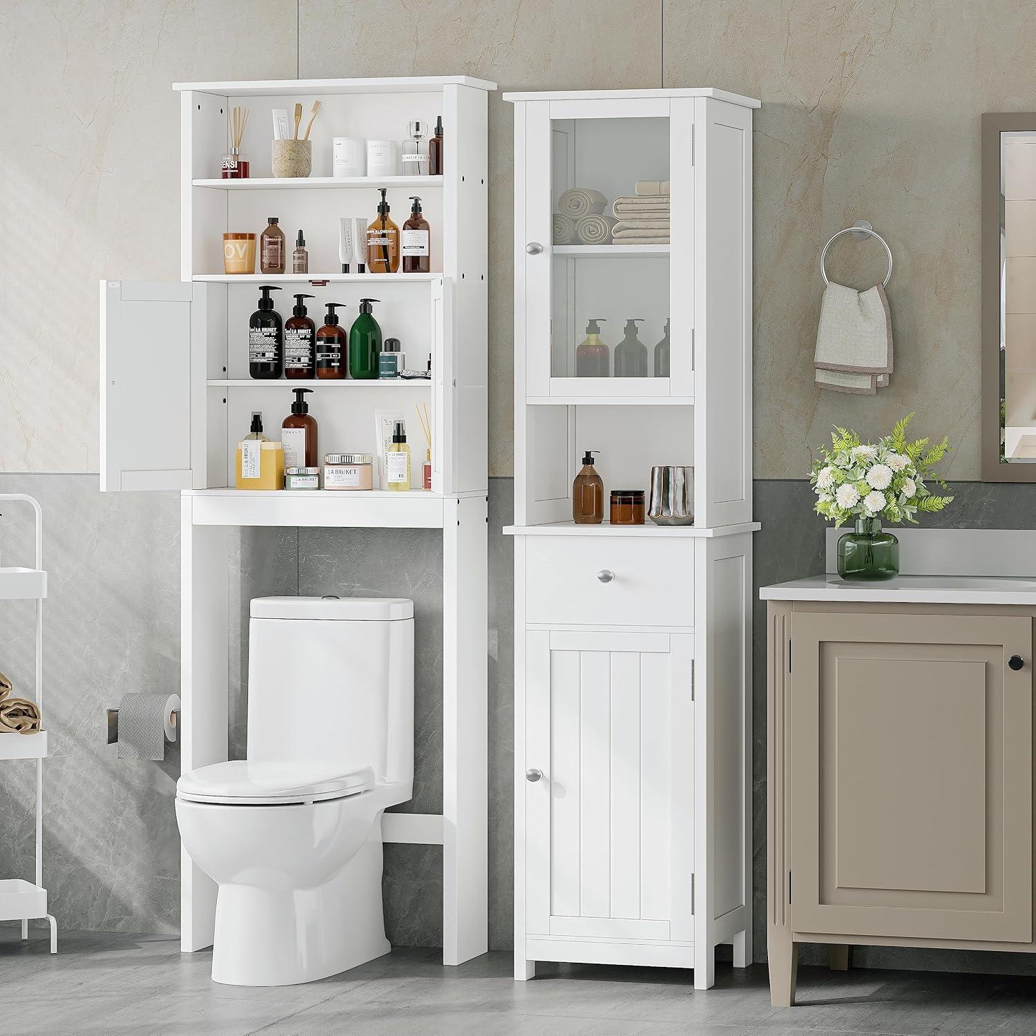 White Tall Wooden Bathroom Floor Cabinet with Glass Doors and Adjustable Shelf