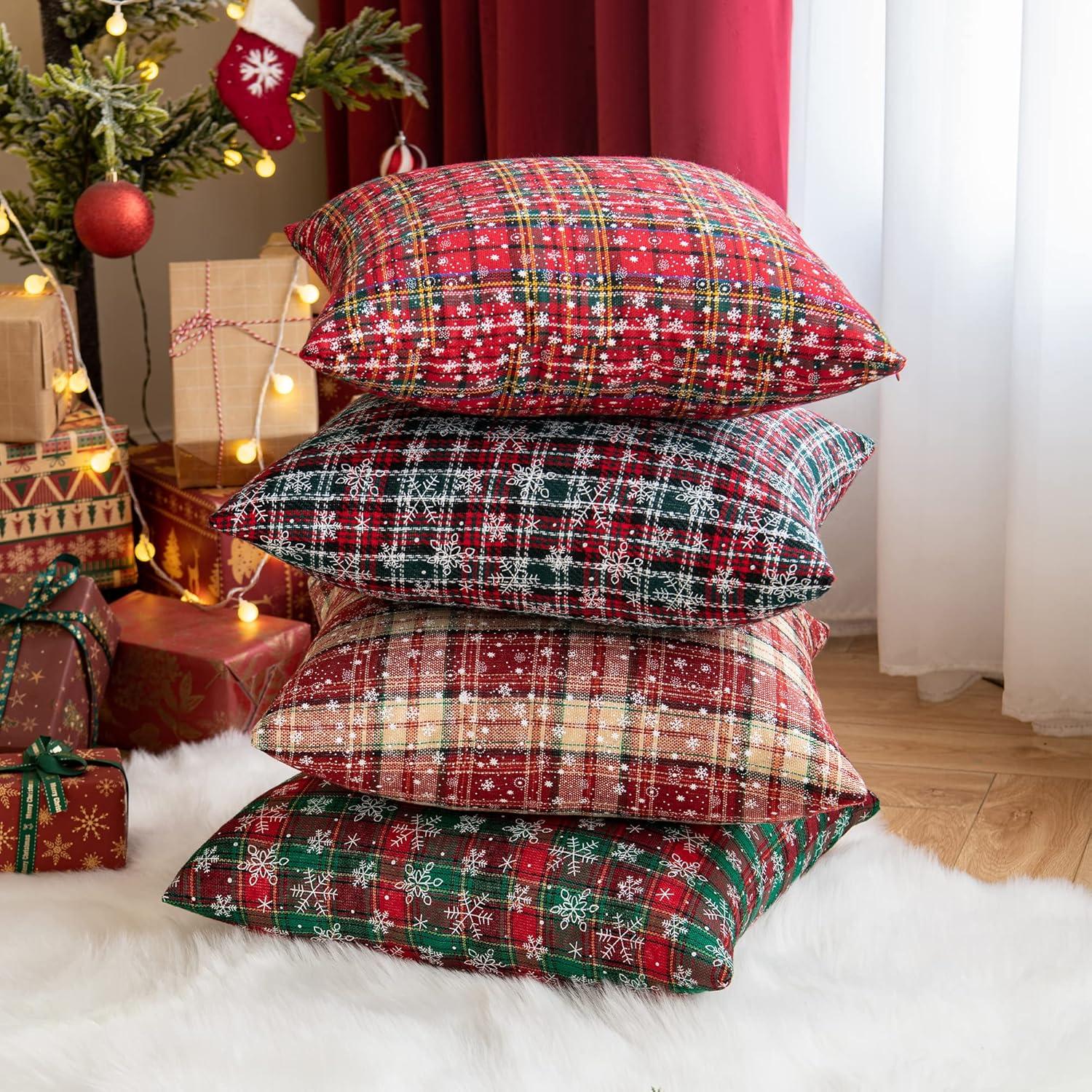 Red and Beige Tartan Plaid Snowflake 18" Polyester Euro Pillow Covers