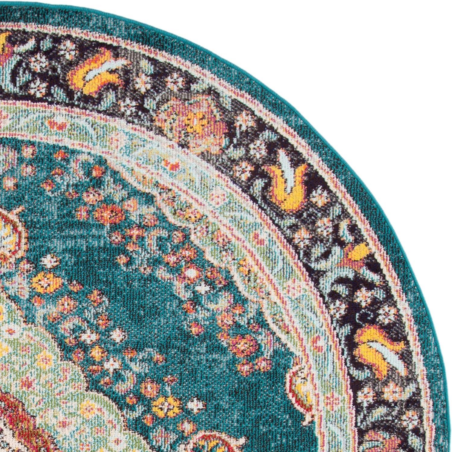 SAFAVIEH Madison Sonam Floral Bordered Area Rug, Navy/Turquoise, 6'7" x 6'7" Round