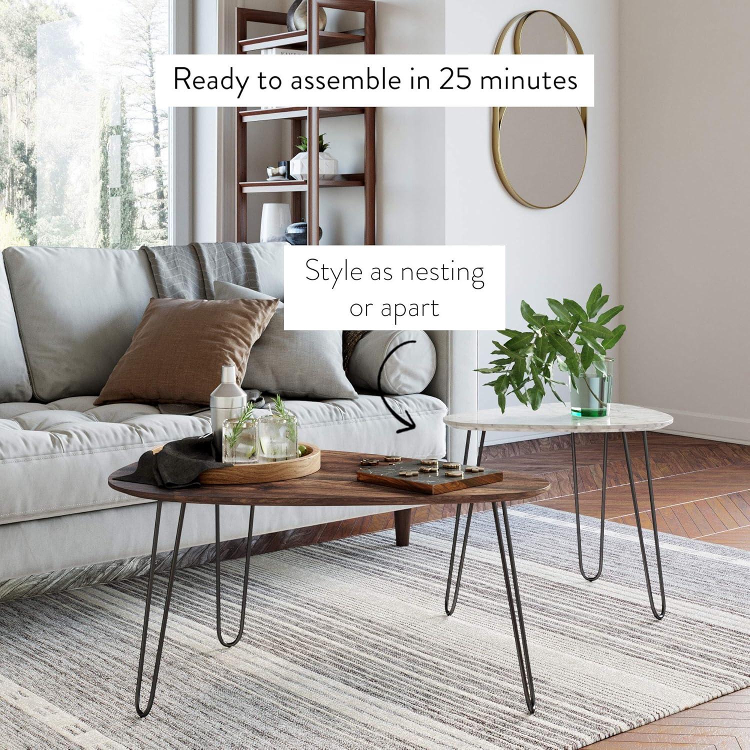 34" Bodhi Wood and Faux Marble Nesting Coffee Table Set Walnut/White Marble/Matte Black - Nathan James
