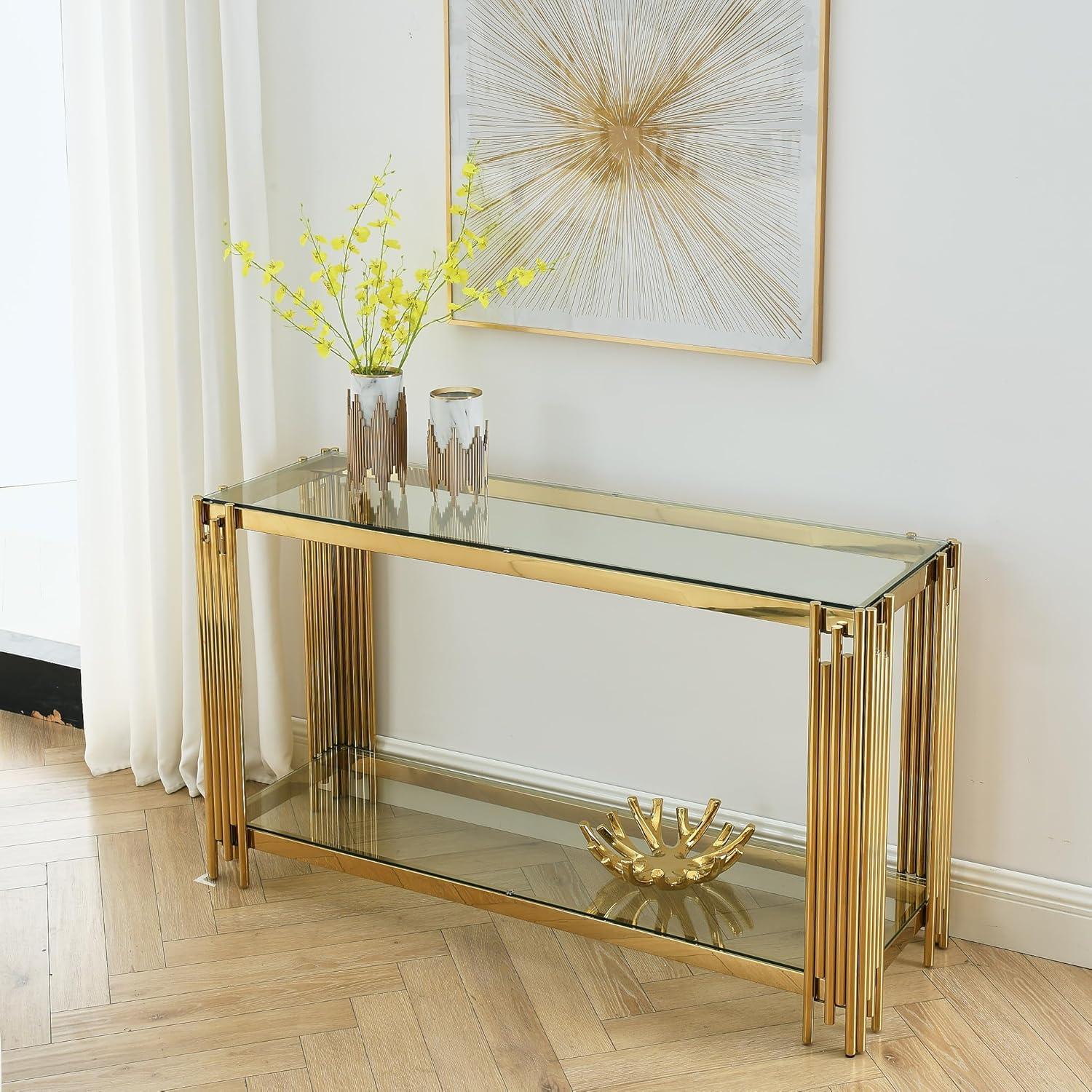 Modern Glass Console Table, 55" Gold Sofa Table with Sturdy Metal Frame and Clear Tempered Glass Top, for Living Room Entryway Bedroom, Gold Finish 00009