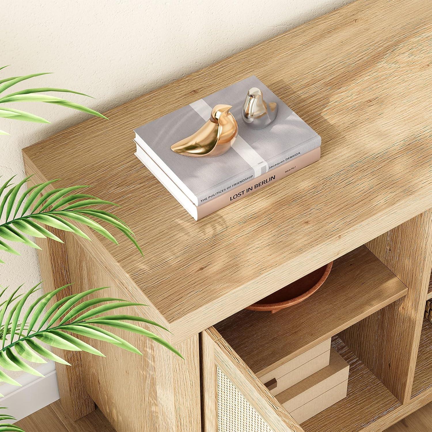 Whizmax Rattan TV Stand for 75 Inch, Boho Entertainment Center with 2-Tier Storage, Wooden Media Console Cabinet for Living Room Bedroom Natural Oak