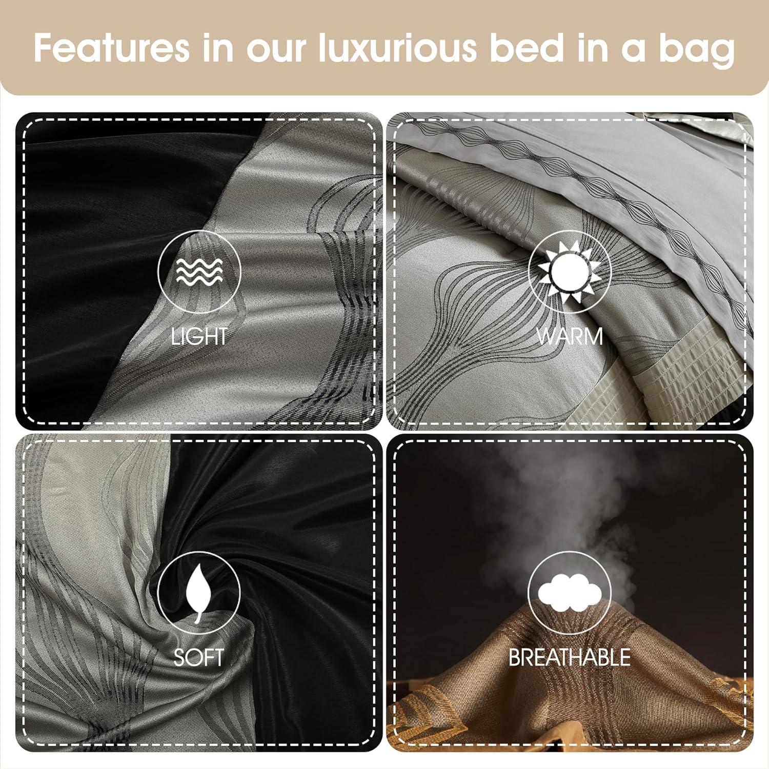 Lanco Black and Silver Comforter Set Queen Size, 7 Pieces Bedding & Collection, Jacquard All Season Comforter & Pillows, Ultra-Soft Microfiber