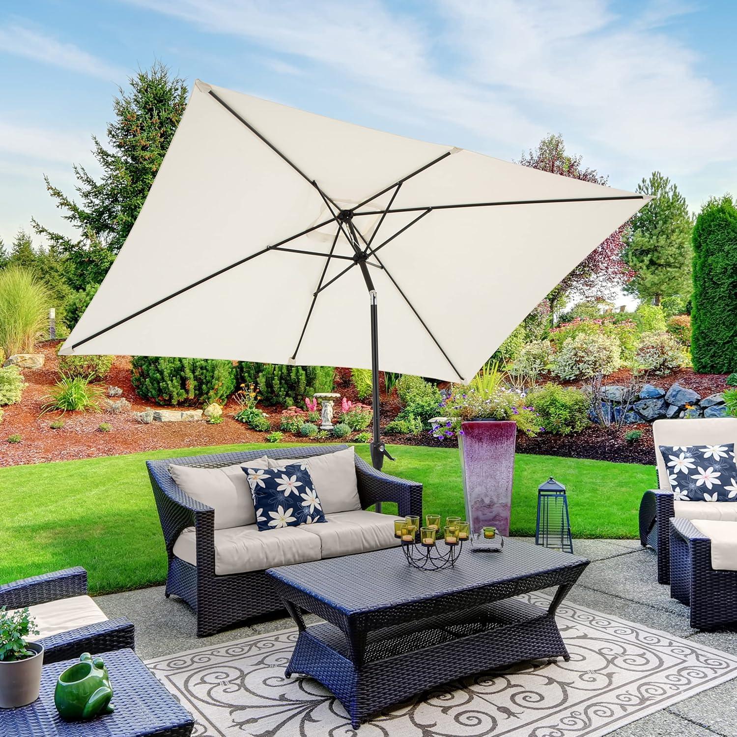 Rectangular Patio Umbrella - 10 Ft Easy Crank Sun Shade with Push Button Tilt for Outdoor Furniture, Deck, Backyard, or Pool by Pure Garden (Beige)