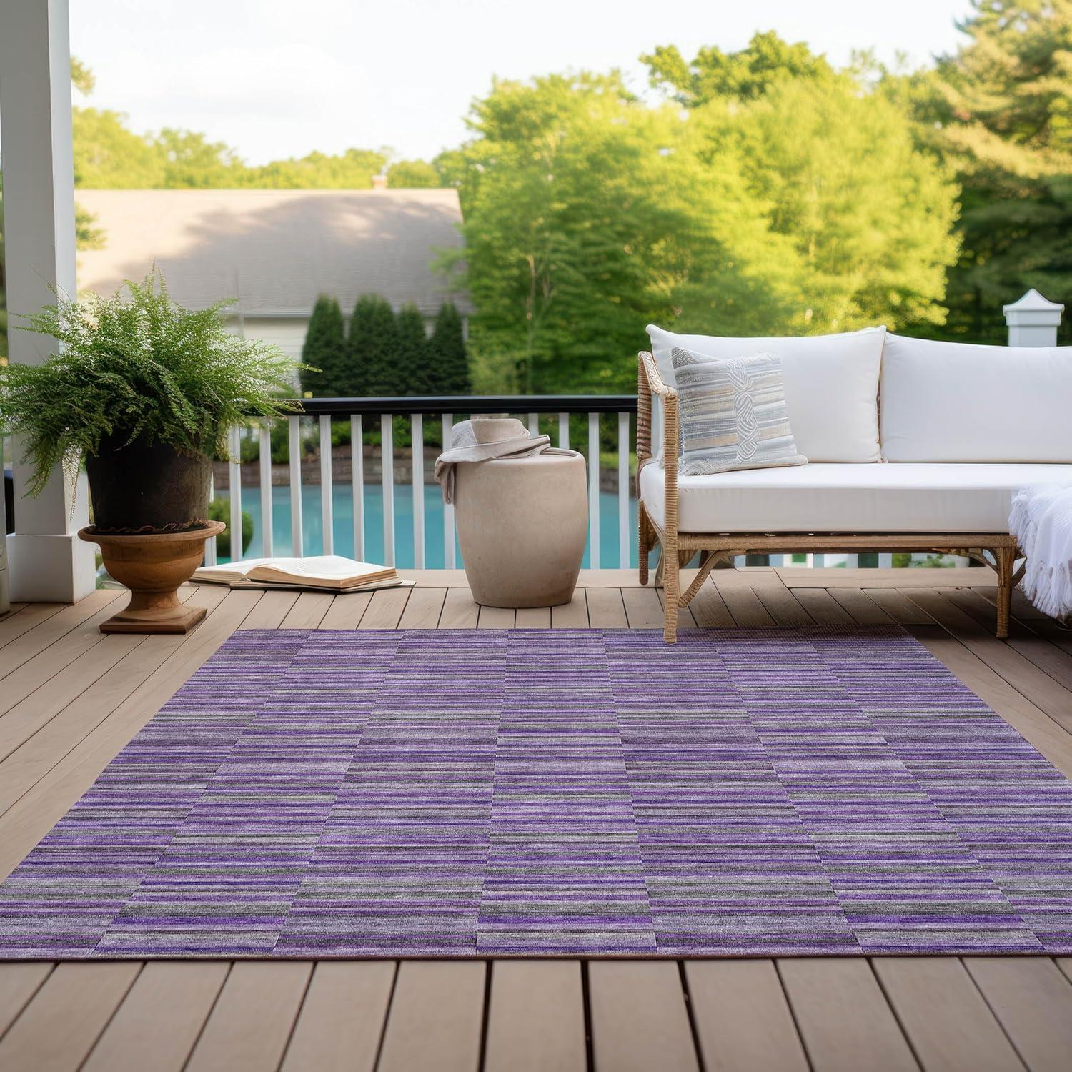 Purple and Gray Striped Synthetic Washable Indoor/Outdoor Rug