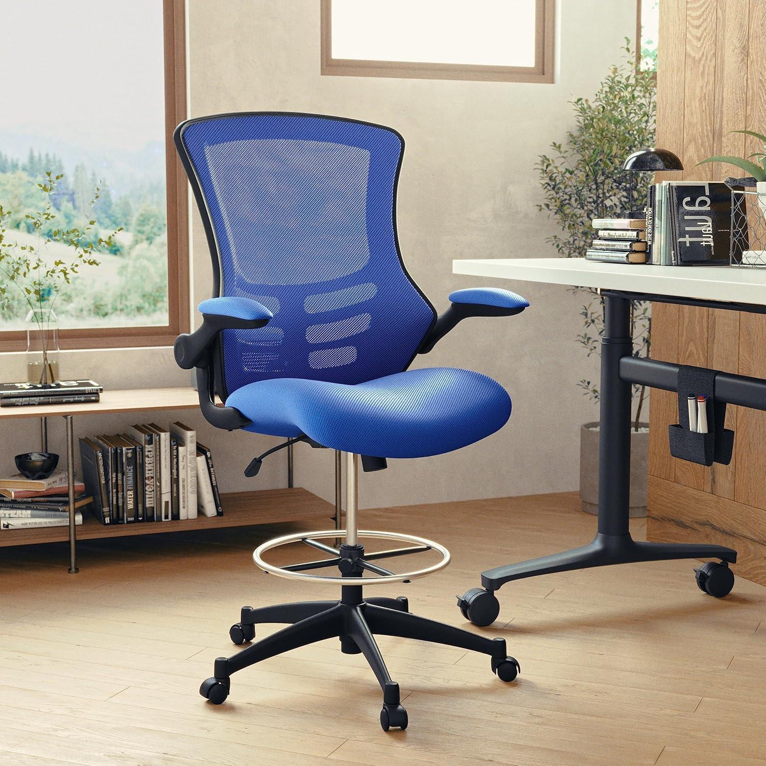 ErgoFlex Blue Mesh and Leather Drafting Chair with Adjustable Arms