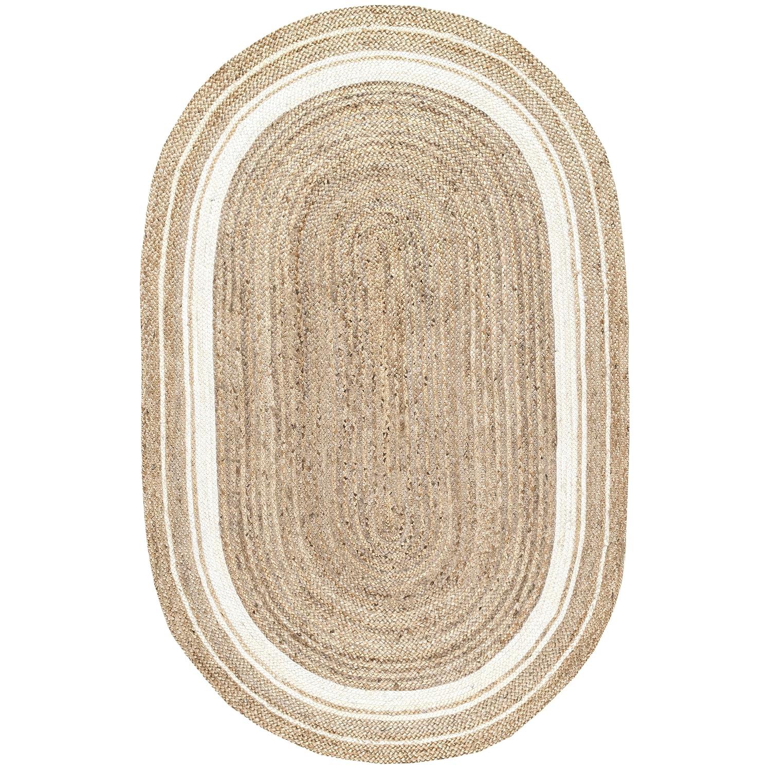 Nuloom Rikki Bordered Oval 4x6 Jute Indoor Area Rug for Dining Room Rug Neutral Rug Living Room Rug Kitchen, Off White/Natural