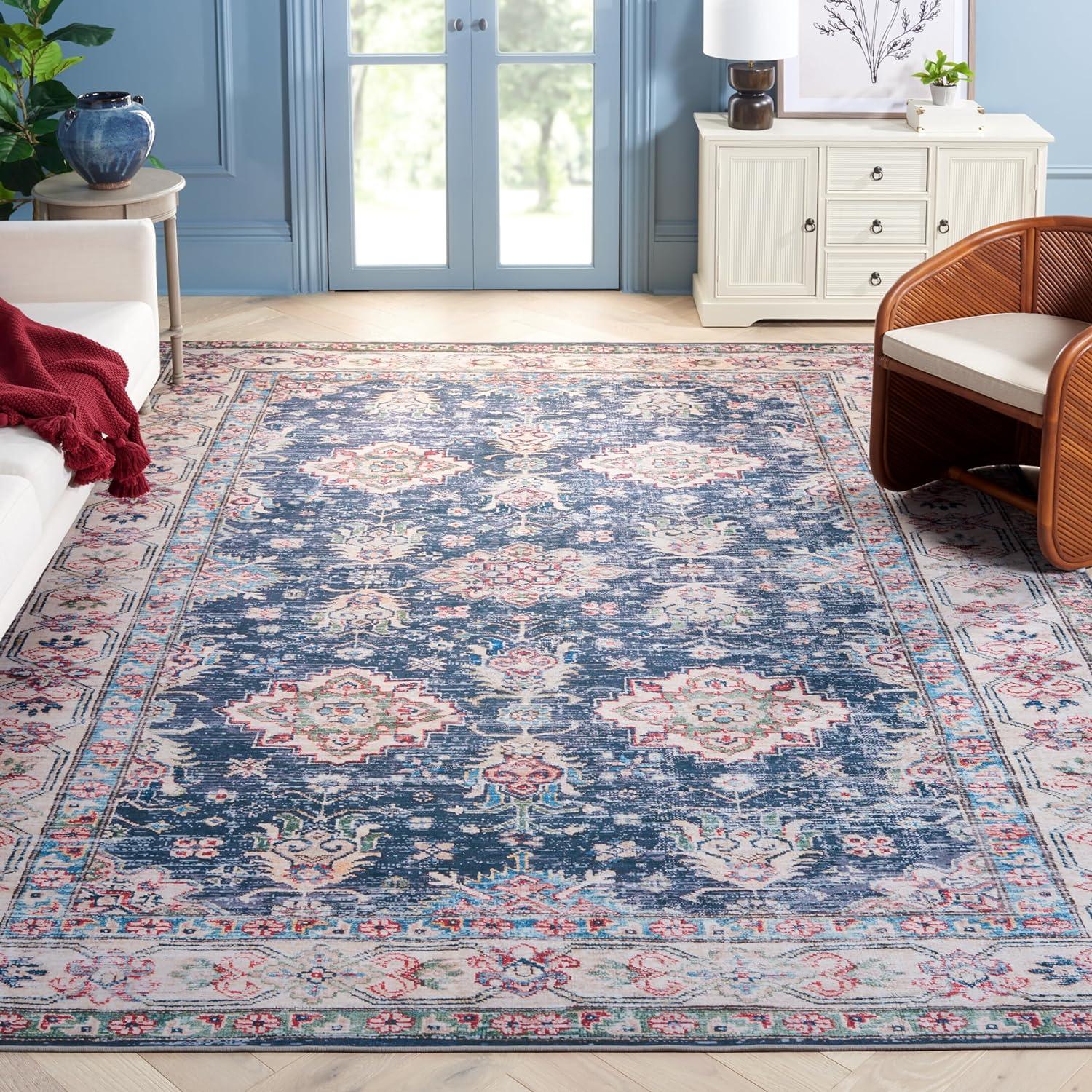 Tucson Navy & Beige 9' x 12' Hand-Knotted Synthetic Area Rug