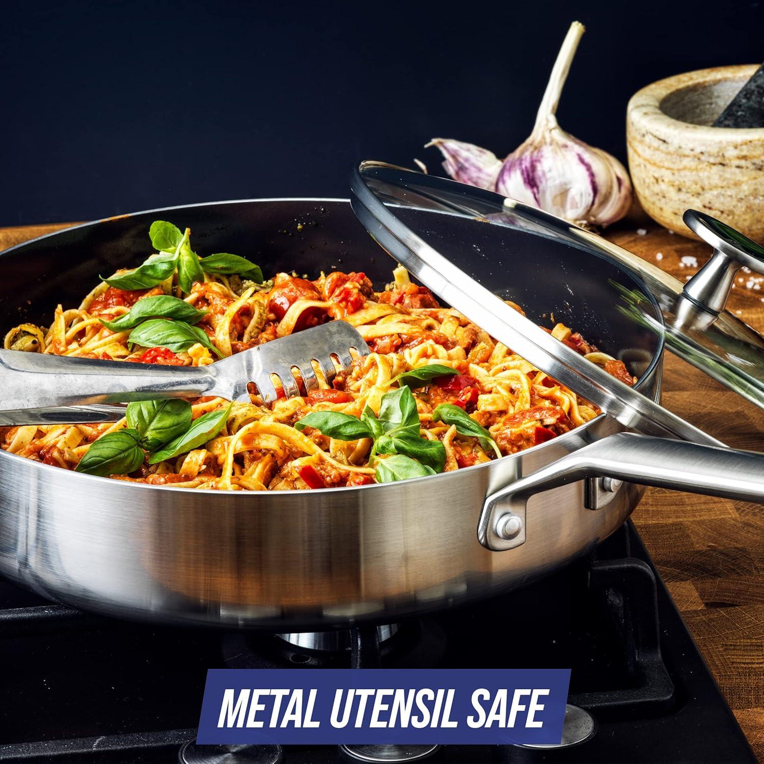 Blue Diamond Blue Diamond Cookware Tri-Ply Stainless Steel Ceramic Nonstick, 3.75QT Saute Pan Jumbo Cooker With Lid, PFAS-Free, Multi Clad, Induction, Dishwasher Safe, Oven Safe, Silver