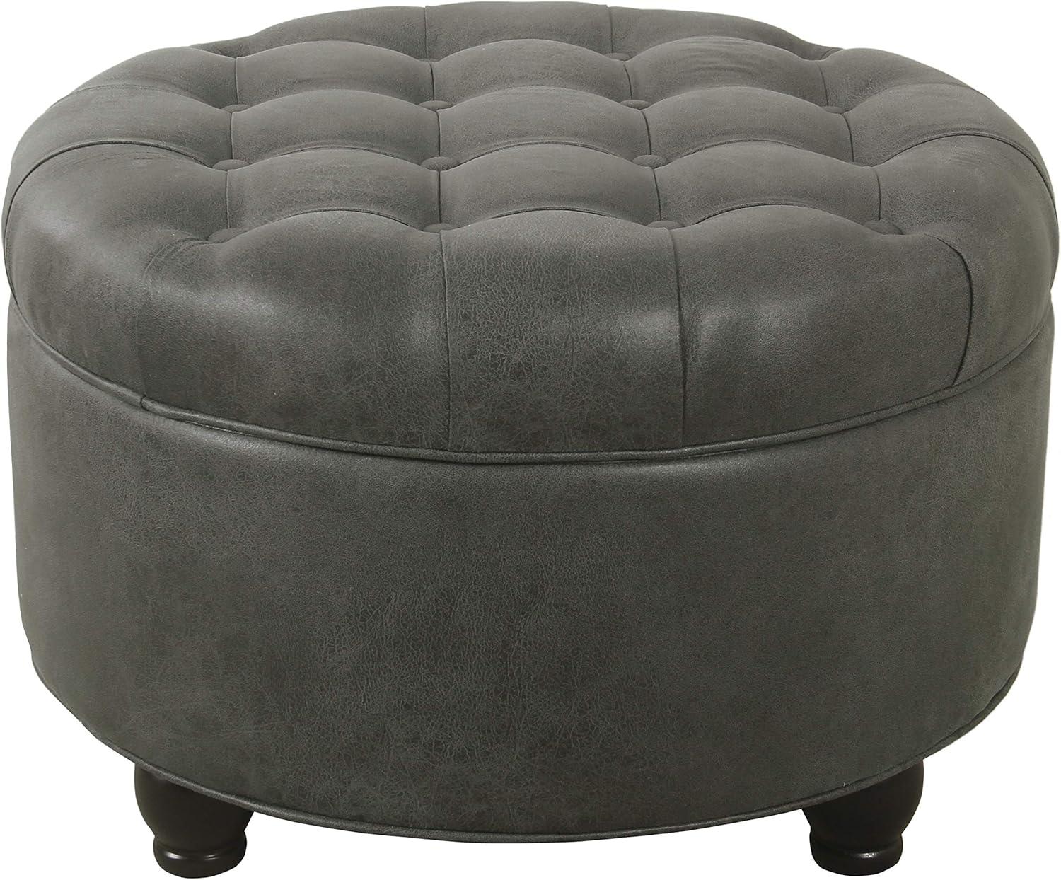 Large Tufted Round Storage Ottoman Faux Leather Gray - HomePop: Modern Upholstered Bench with Hardwood Frame