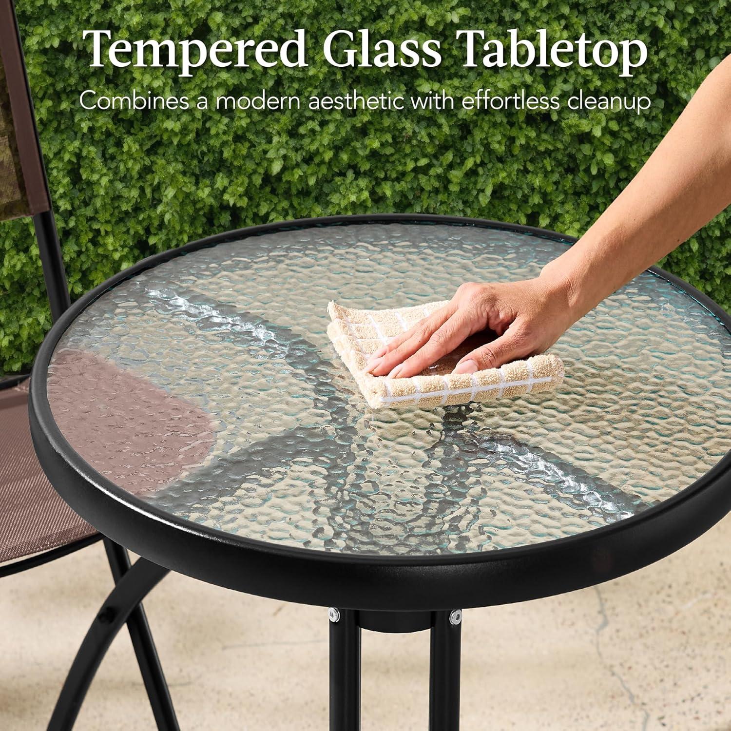 George Oliver 3-Piece Patio Bistro Dining Furniture Set W/ Glass Tabletop, Folding Chairs