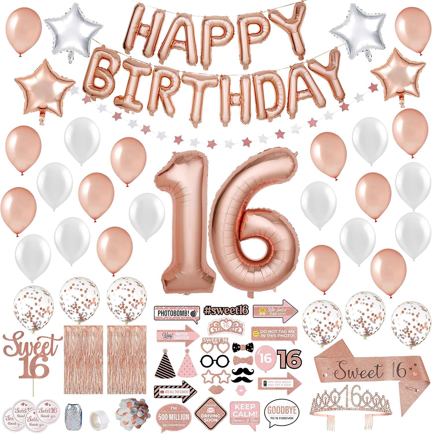 PartyHooman Sweet 16 Birthday Decorations Rose Gold With Sweet 16 Sash and Tiara Set, 2Pcs Backdrop, 25Pcs Pre-assembled Photo Booth Props, Balloons, Cake Topper | 16th birthday decorations for girls