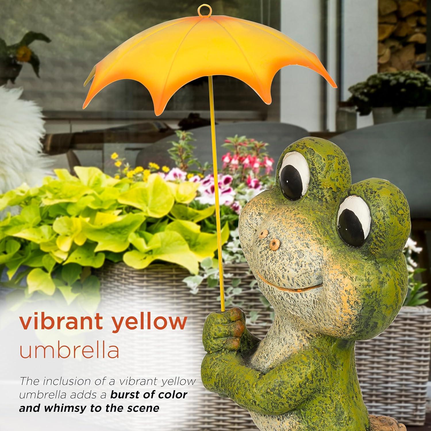 Green Frog Garden Statue with Yellow Umbrella, 23"