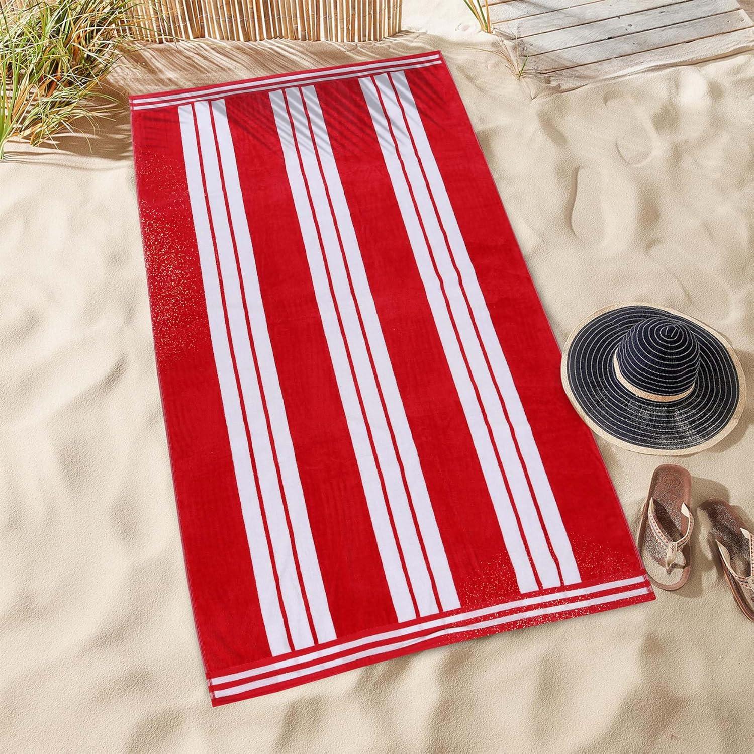 Superior Cotton Striped Oversized Beach Towel, 34" x 64", Red