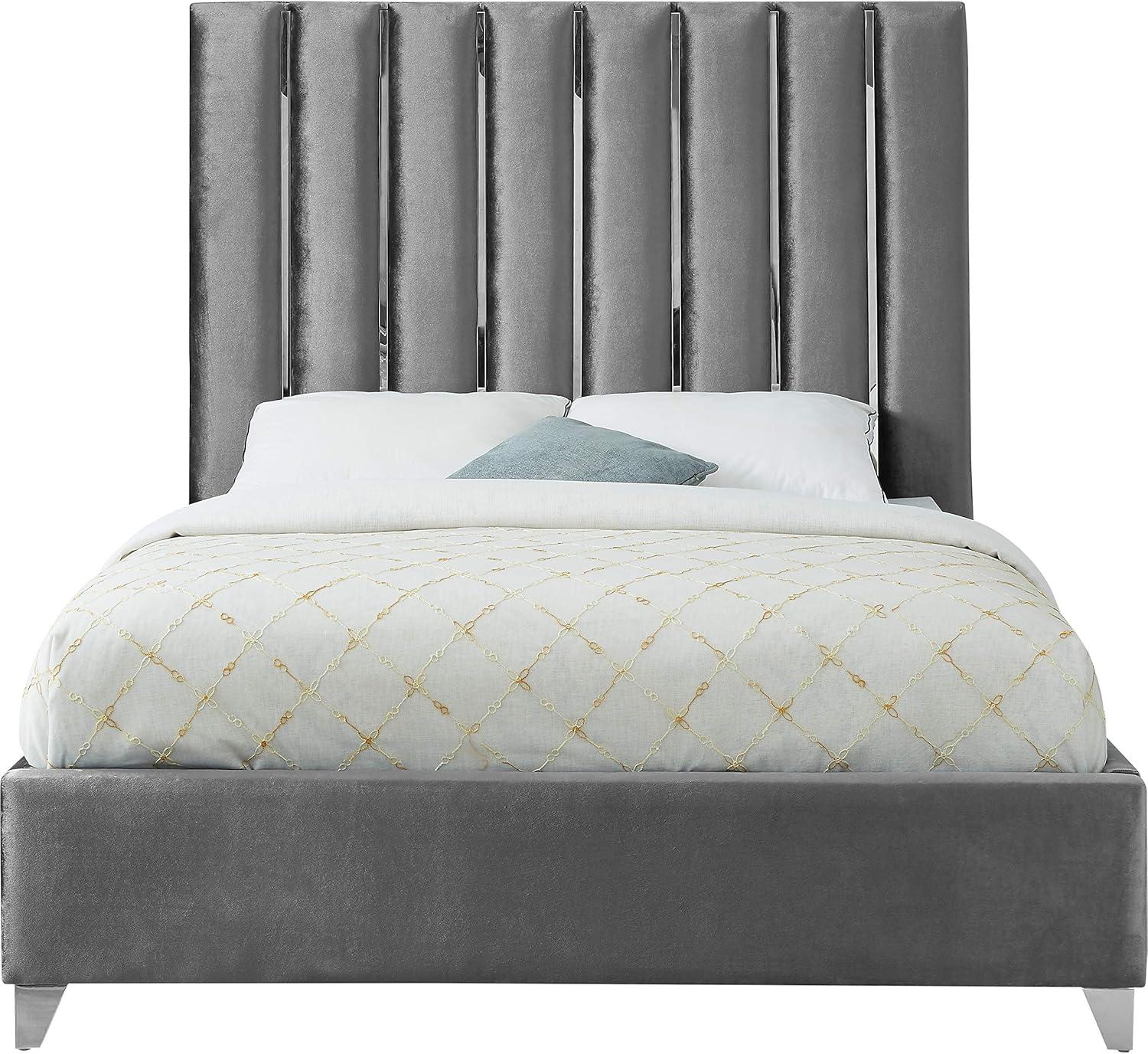 Grey Velvet Upholstered Queen Bed with Tufted Headboard